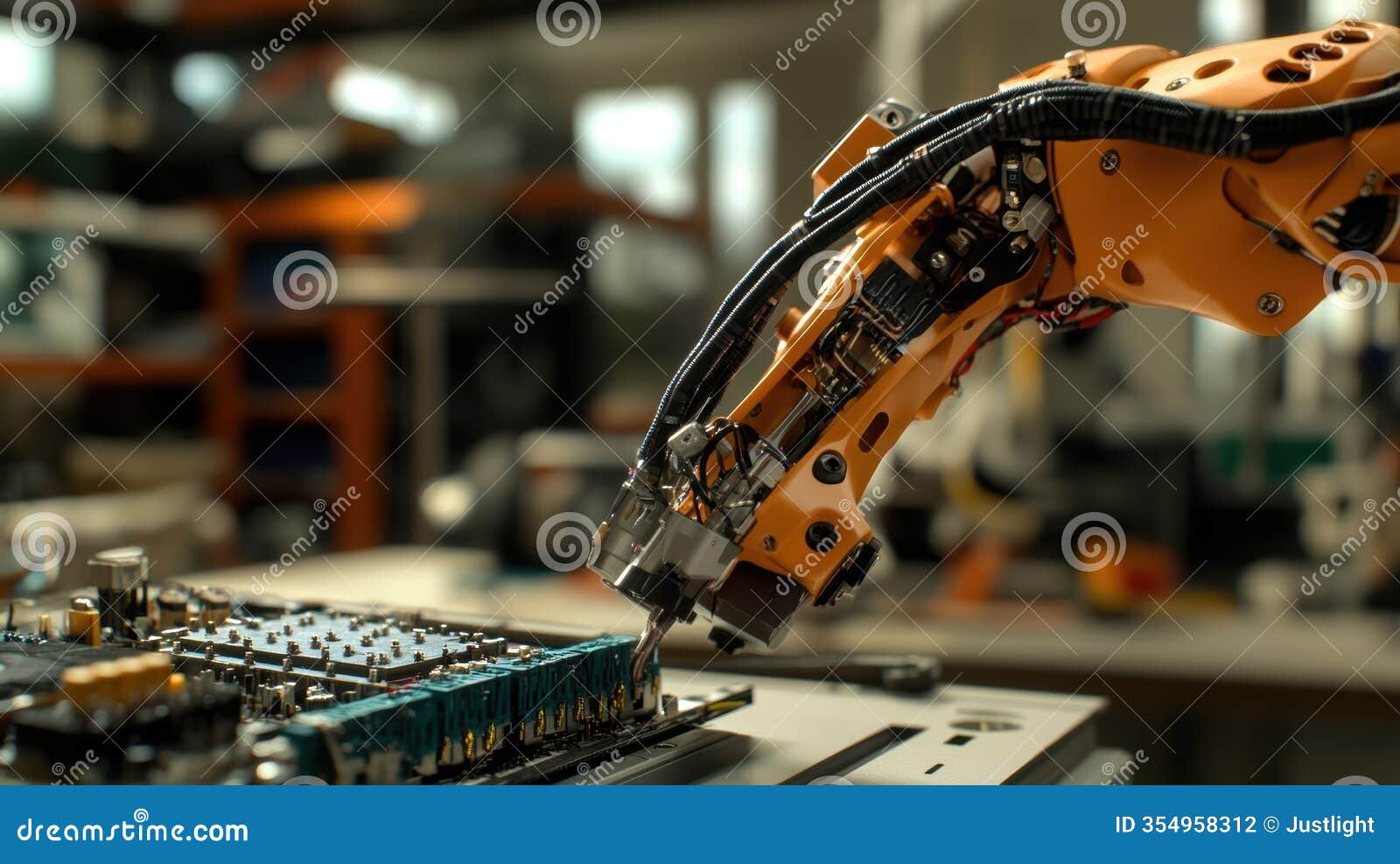 zoomedin shot of a wirelessly connected robotic arm in operation with details of electrical components and sensors