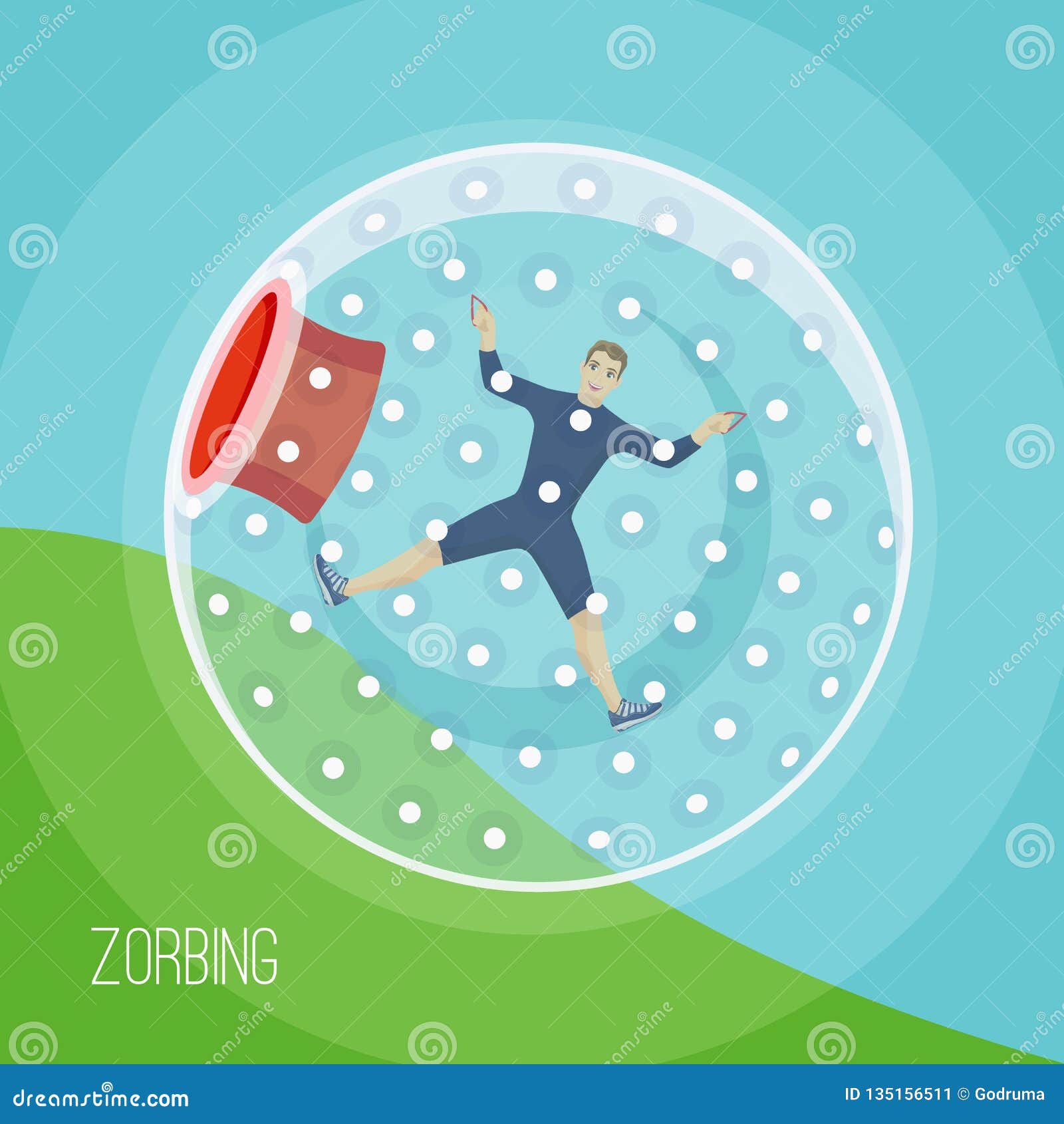 Zorbing Illustration. a Man Rolling Down the Mountain in Zorbing Sphere