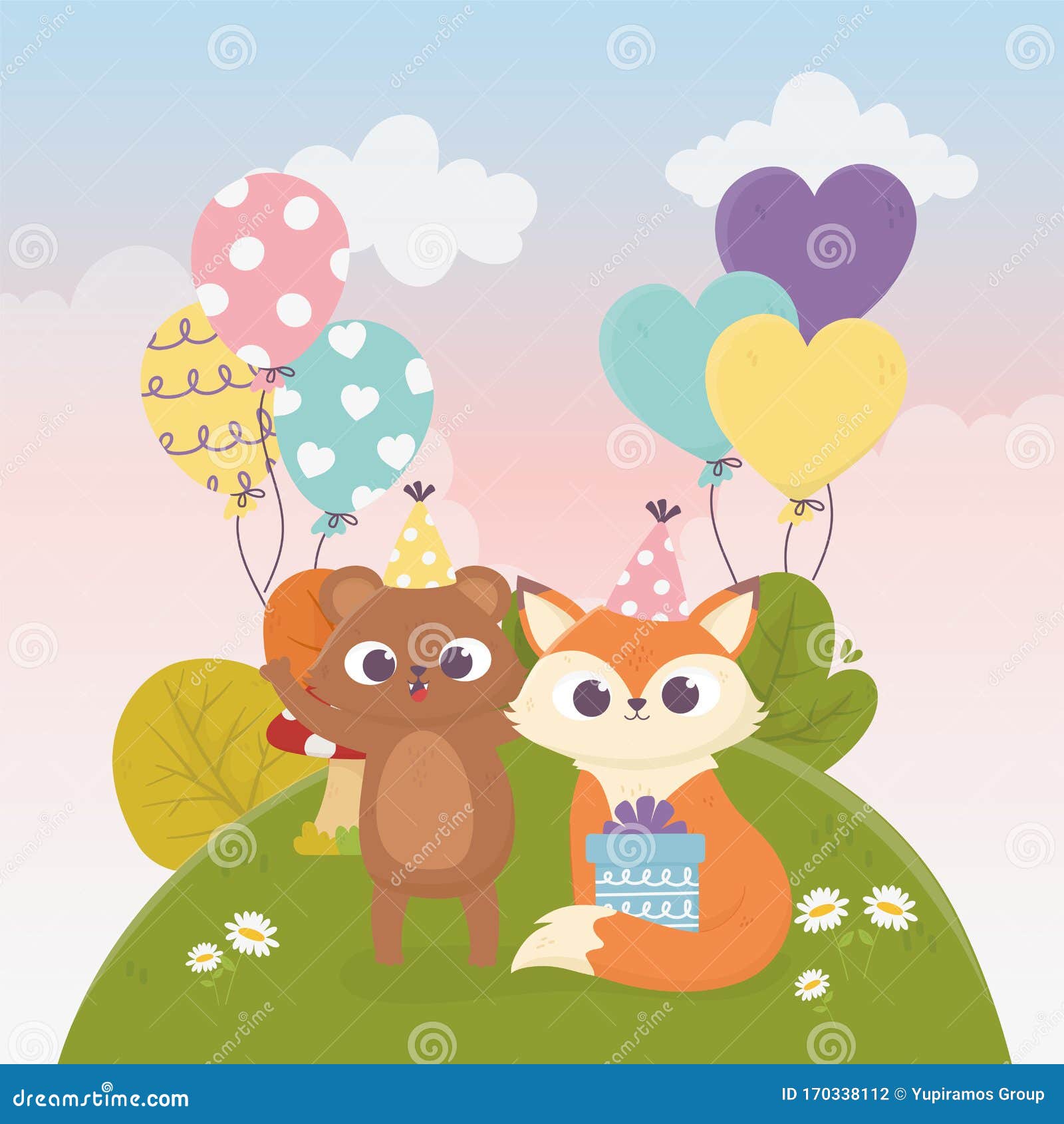 Zorro Oso Con Regalos Globos Flores Celebración Feliz Día Ilustración del Vector - Ilustración de feliz, zorro: 170338112