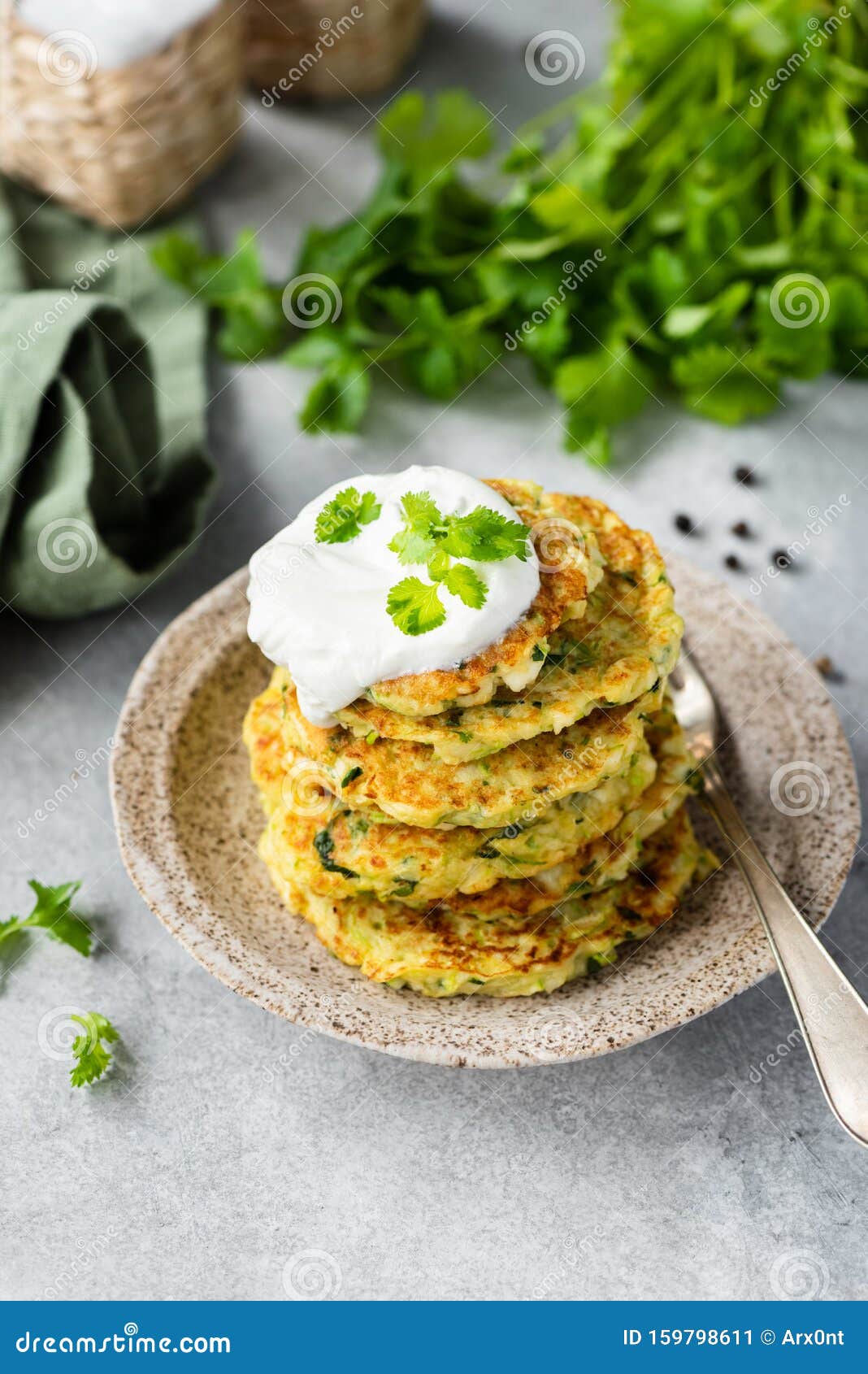 Zucchini Fritters with Yogurt Sauce Stock Image Image of garnish, indoor 159798611