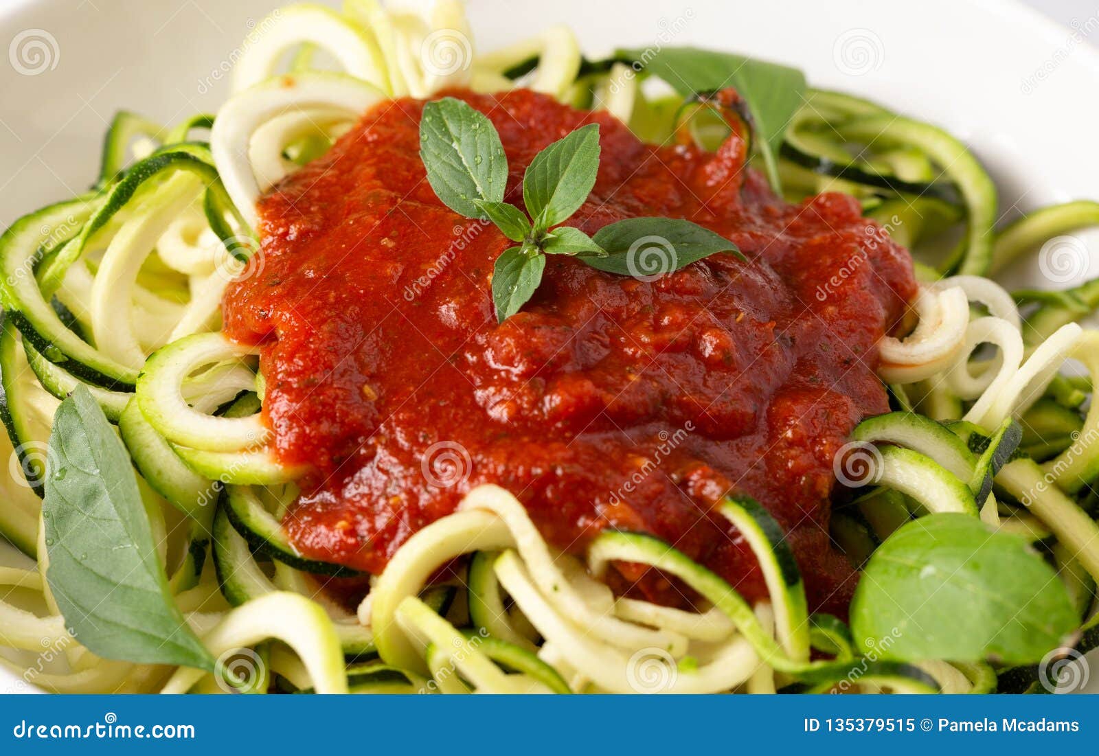 Zucchini Pasta with Tomato Sauce and Basil Stock Image Image of