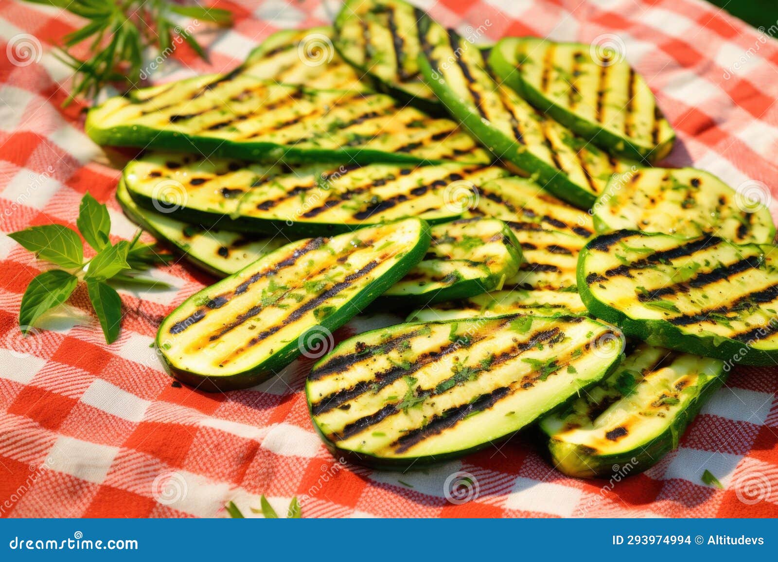 zucchini slices with grill marks, tossed on leaf-patterned fabric