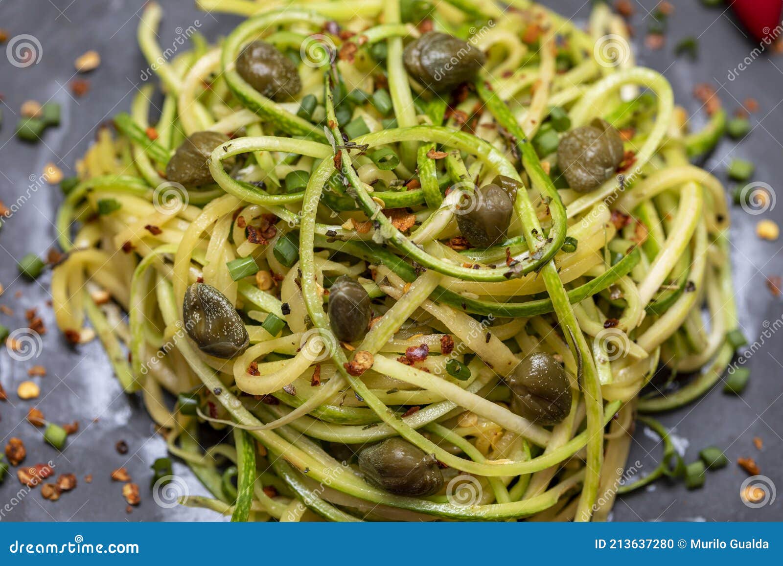 Zucchini Spaghetti with Dehydrated Pepperoni Pepper and Capers Stock