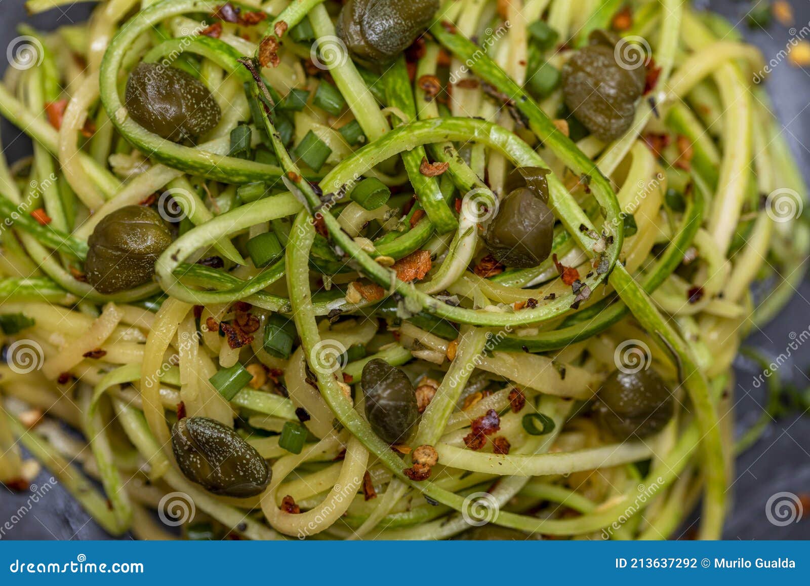 Zucchini Spaghetti with Dehydrated Pepperoni Pepper and Capers Stock