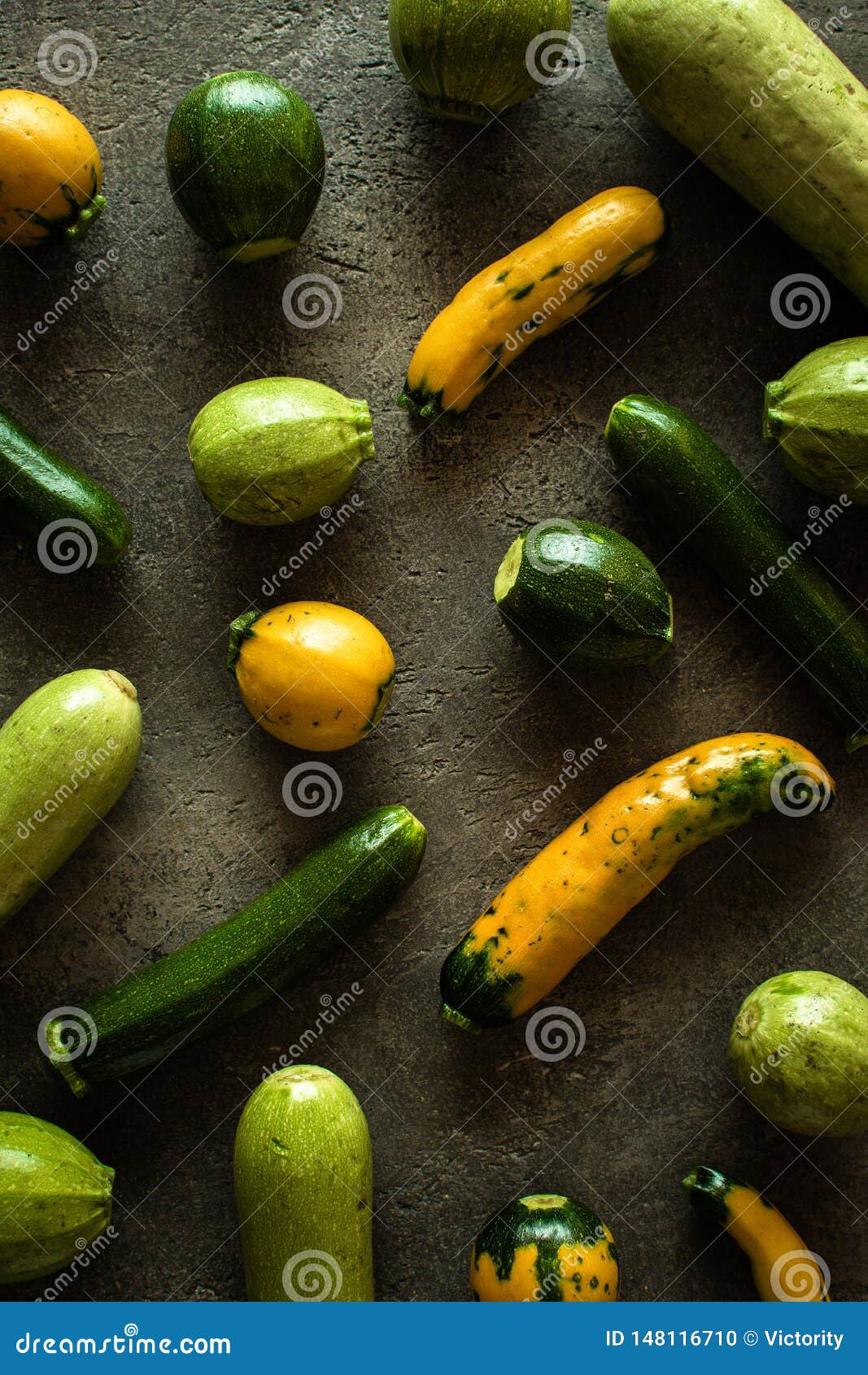 Zucchini Yellow and Green on Rustic Dark Background Stock Photo Image