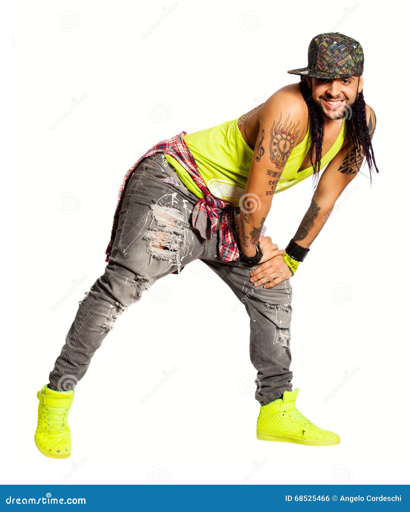 zumba salsa dancer, smiling man. urban street style. on white background