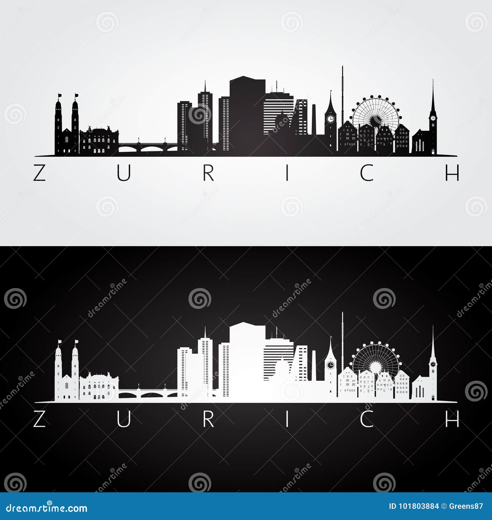 zurich skyline and landmarks silhouette