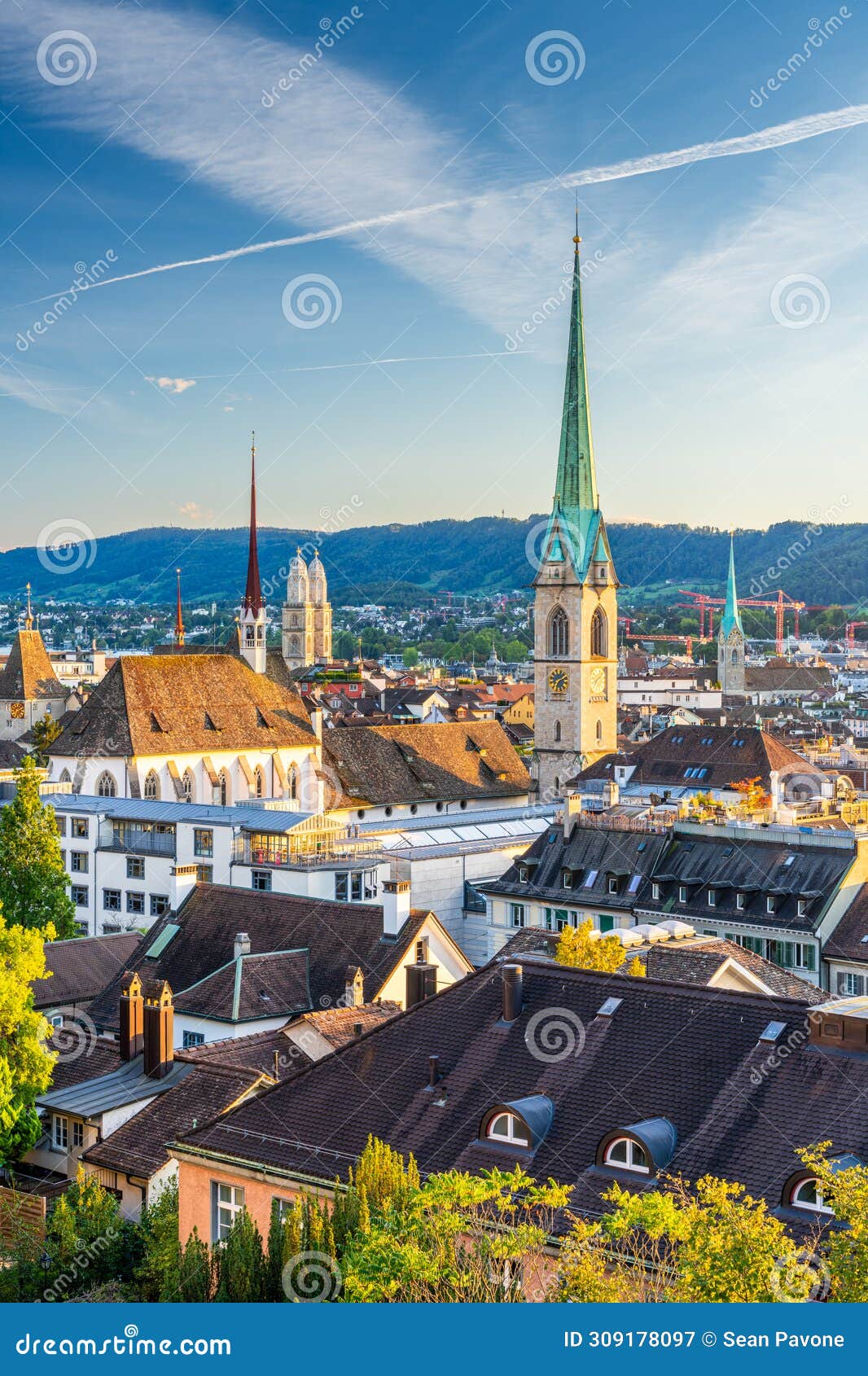 zurich, switzerland cityscape with church steeples
