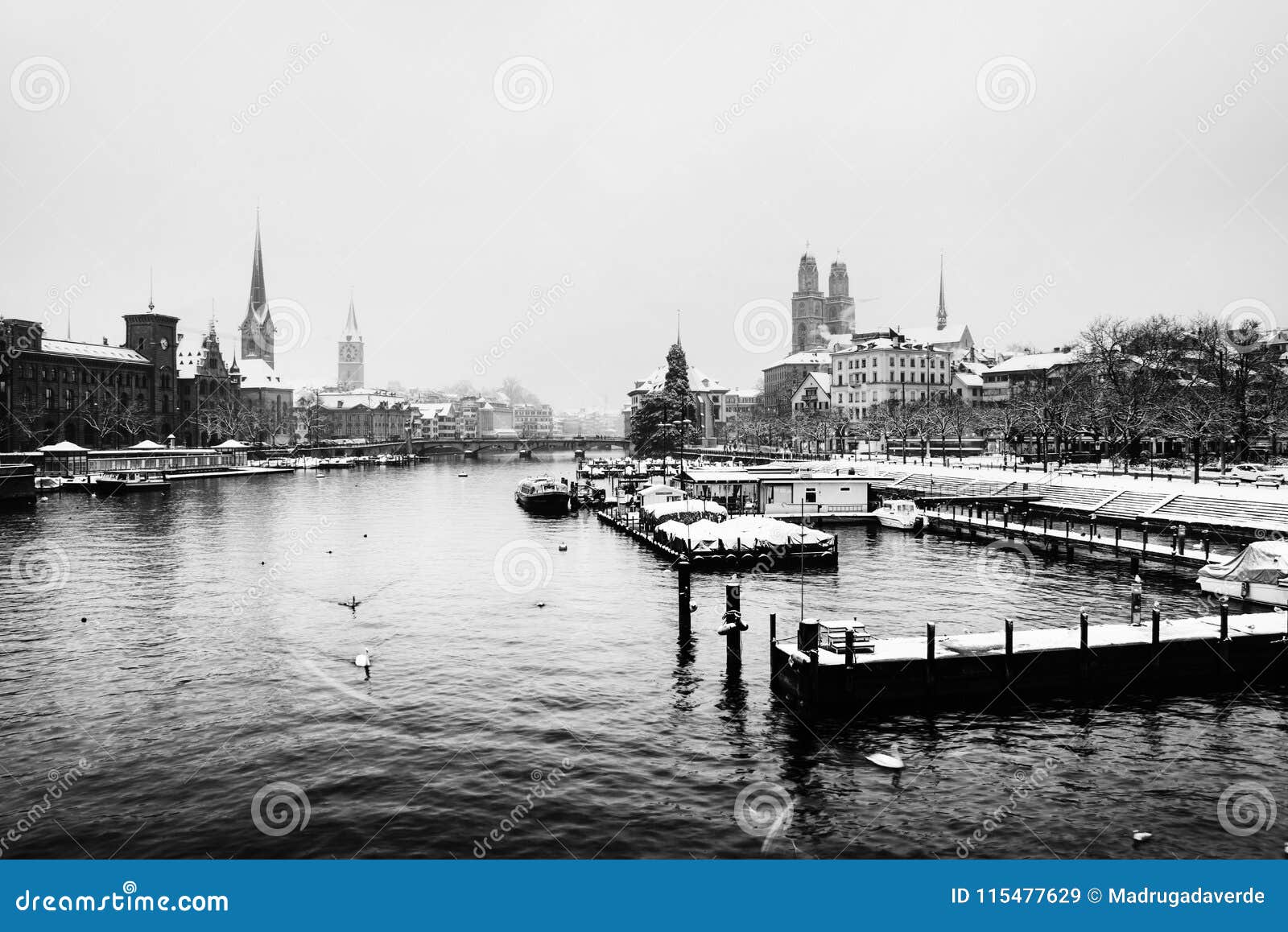 zurich, switzerland old town, situated on the limmat river. illuminated building. black and white