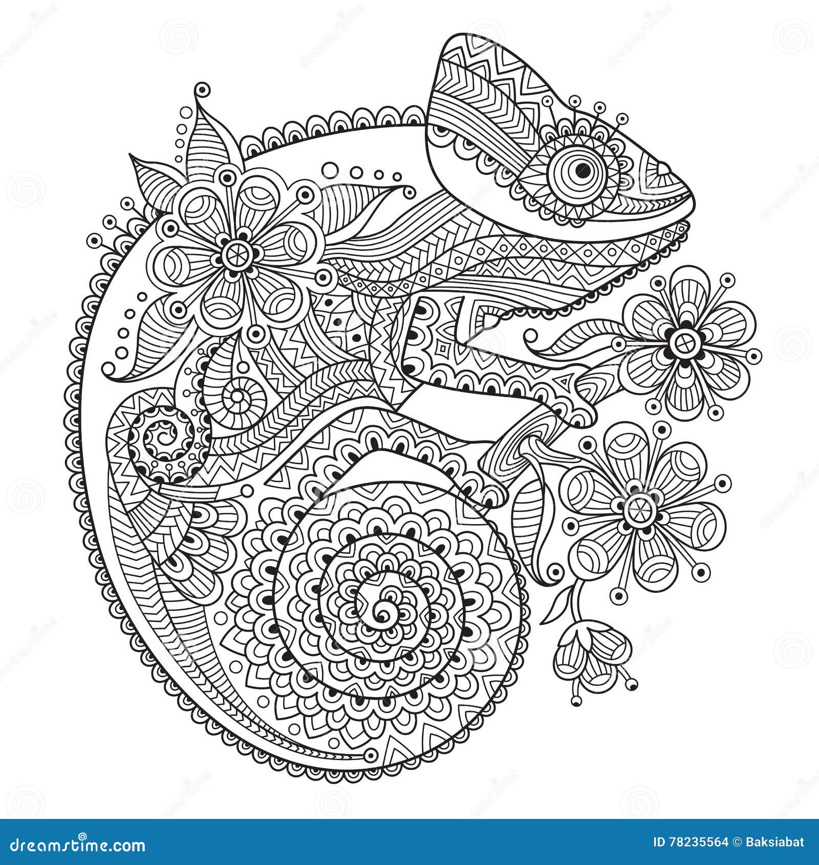 Zwart-Witte Vectorillustratie Met Een Kameleon In Etnische Patronen Vector Illustratie - Illustration Of Tekening, Etnisch: 78235564