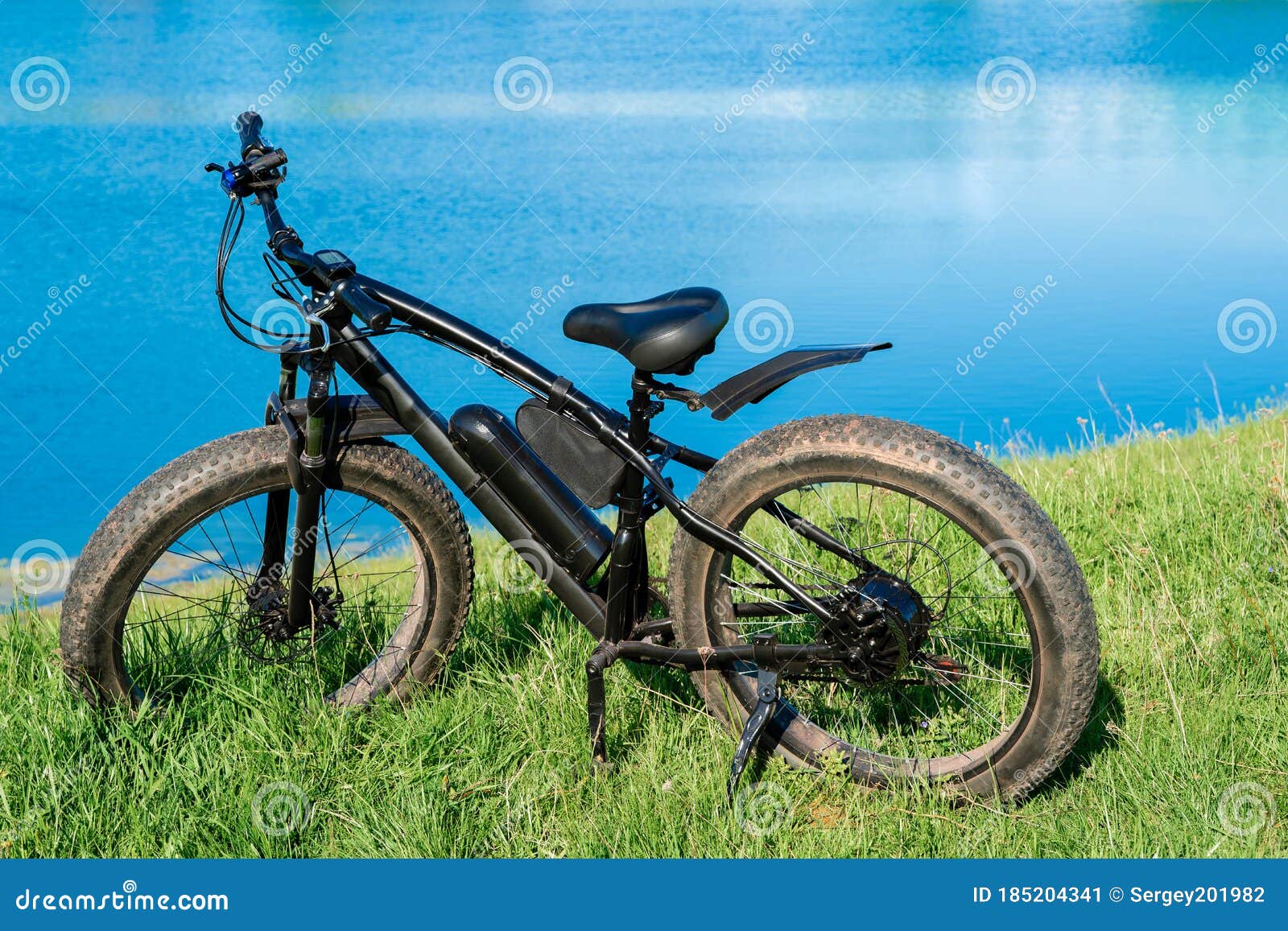 Pa Ongemak Medic Zwarte Elektrische Fiets Met Dikke Wielen Op Het Gras Bij Het Meer. Fiets  Stock Afbeelding - Image of pedalen, fietsen: 185204341