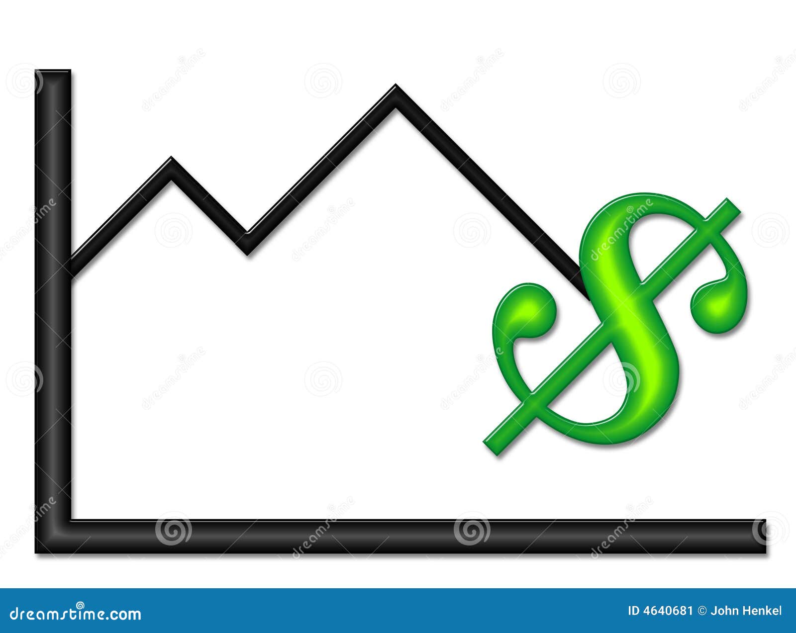 Zwarte Grafiek met het Groene Symbool van het Geld. Zwarte grafiek en groen geldsymbool op een benedenwaartse tendens.