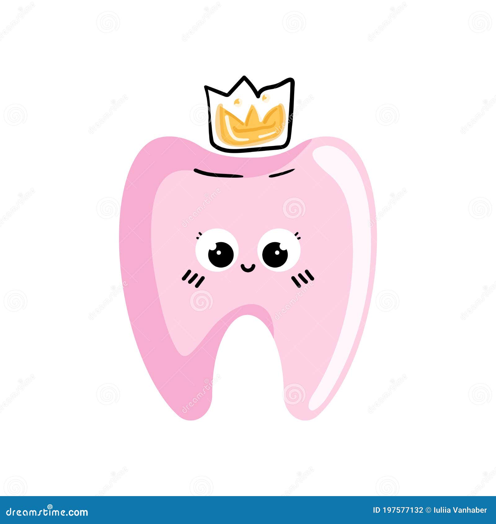 Cute Happy Doodle Cartoon Pink Tooth with Yellow Crown in Kawaii Style