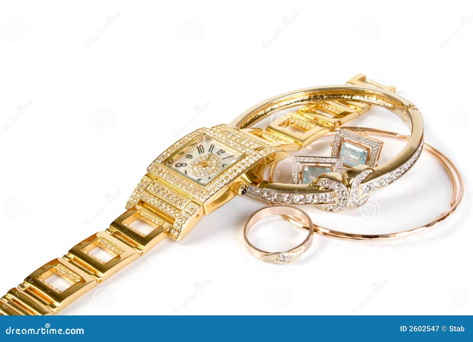 Złoty zegara biżuterii. Zegar tła złoty izoluje white biżuterii