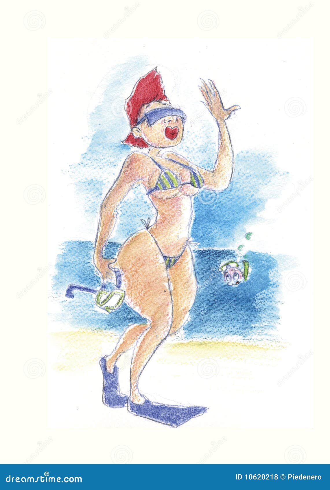¡Este sol es tan caliente!. Una mujer próspera está recorriendo en la playa que decide sobre bucear que va.