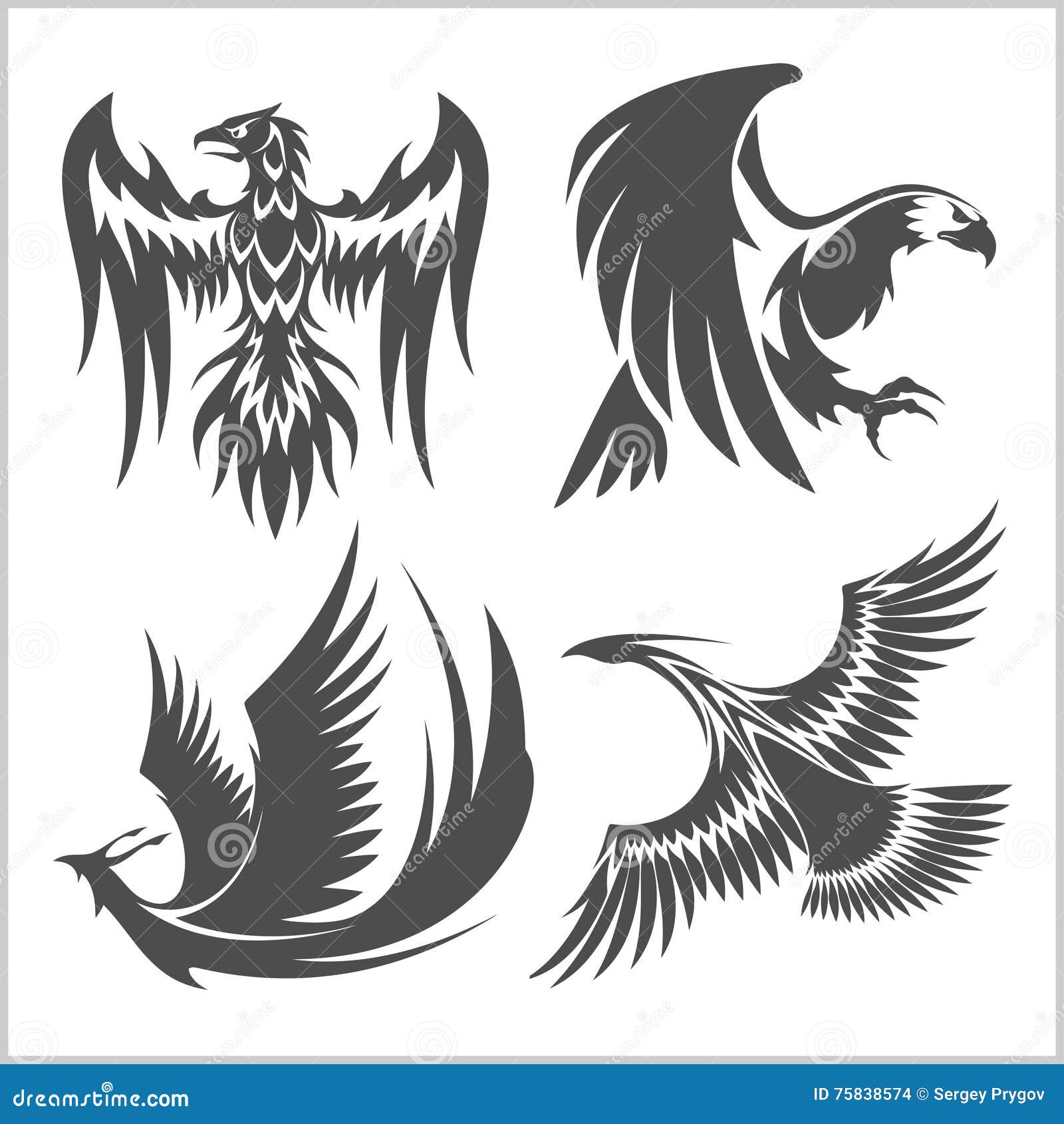 A águia, o pavão e o faisão do voo vector os ícones do logotipo que mostram posições diferentes da asa. A águia, o pavão e o faisão do voo vector o logotipo para o projeto heráldico ou da tatuagem