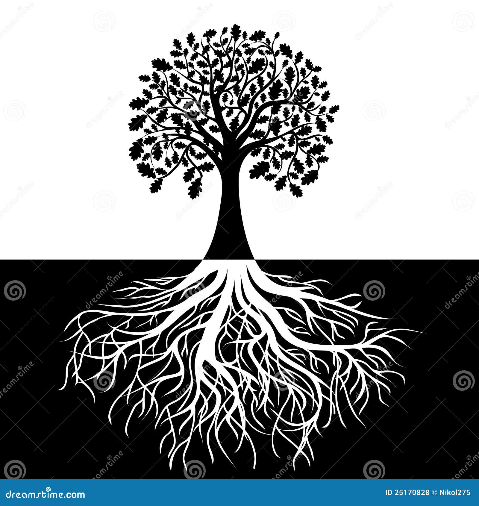 Árvore Com Raizes No Fundo Preto E Branco Ilustração do Vetor