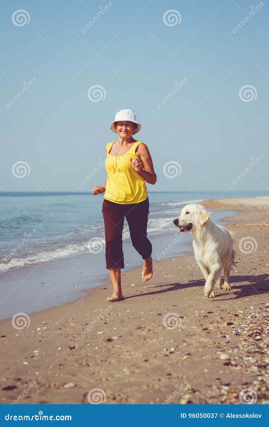 Äldre kvinnaspring med hennes golderapportör. Lycklig äldre kvinnaspring längs en strand med hennes golden retriever på morgonen