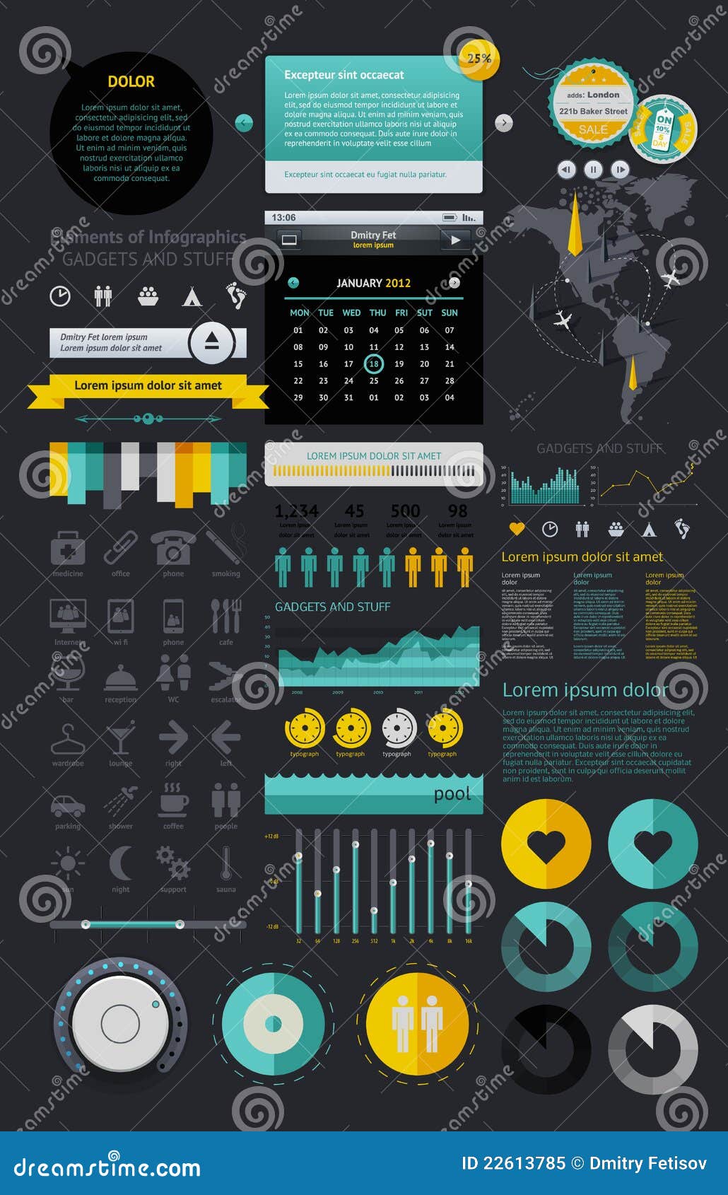 Éléments d'Infographics avec des boutons et des cartes