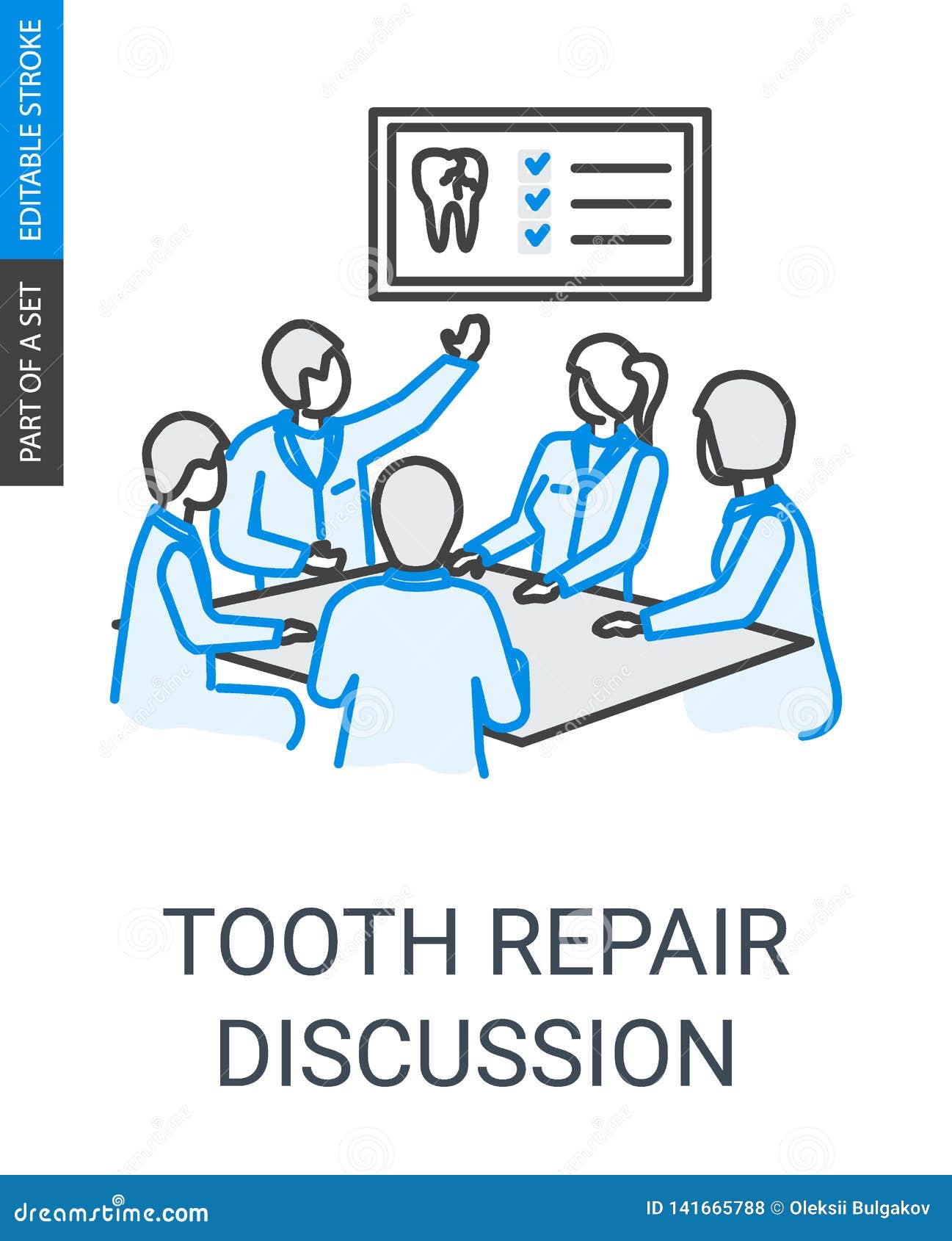 Ícone linear da discussão da equipe dos dentistas do reparo do dente. Ícone da discussão da equipe dos dentistas do reparo do dente com estilo do esboço e curso editável