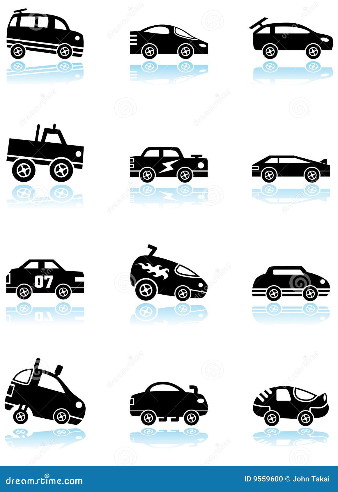 Ícones do carro de corridas - preto e branco. Jogo de 12 estilos diferentes dos carros de corridas - preto e branco.