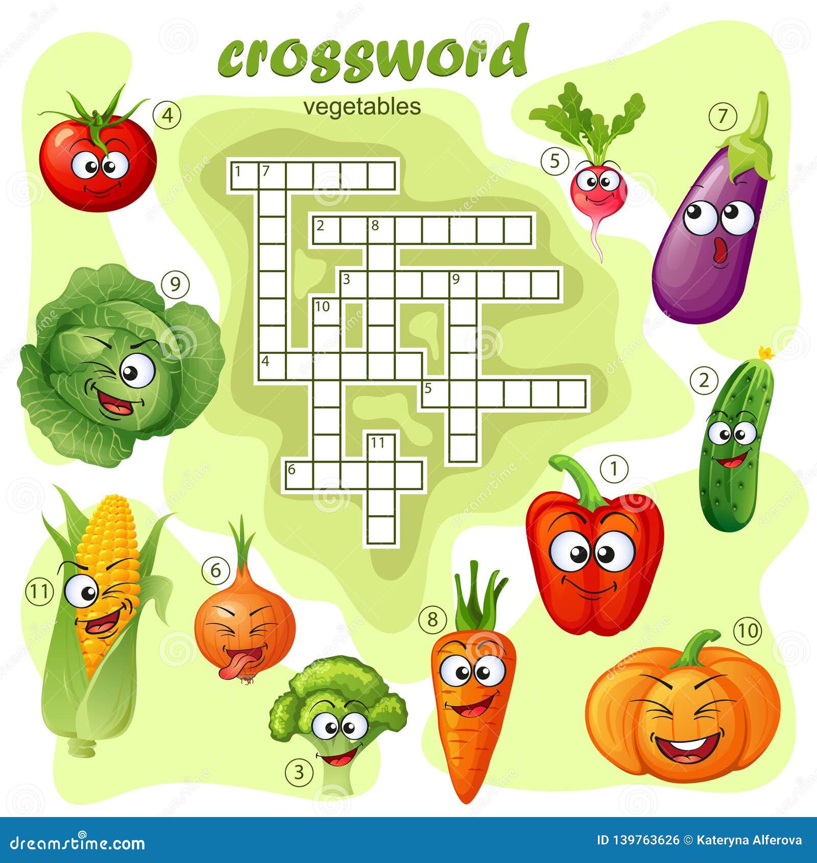 Crossword Puzzle Game of Vegetable. Emoticons Stock Vector