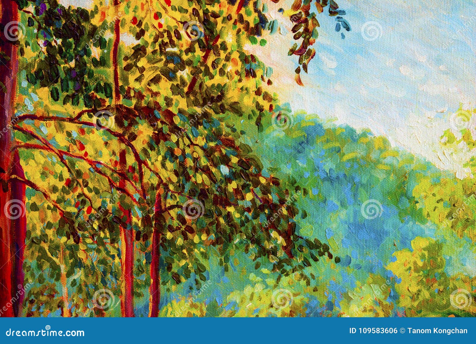 Ölgemäldelandschaft auf Segeltuch - bunte Herbstbäume Halb abstraktes Bild des Waldes, Bäume mit gelbem, rotem Blatt Herbstsaisonnaturhintergrund Handgemalte Impressionistart