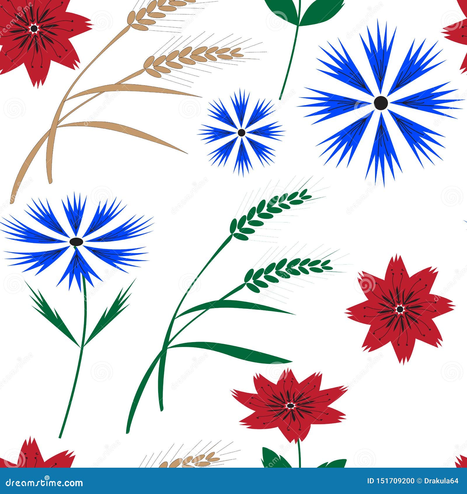 Άνευ ραφής floral σχέδιο με τα cornflowers και spikelets, σχέδιο με τα κόκκινα και μπλε λουλούδια και spikelets
