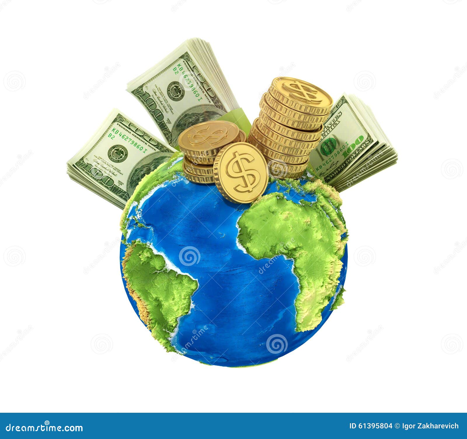 Έννοια των παγκόσμιων χρημάτων Χρήματα στον πλανήτη σε ένα μπλε υπόβαθρο