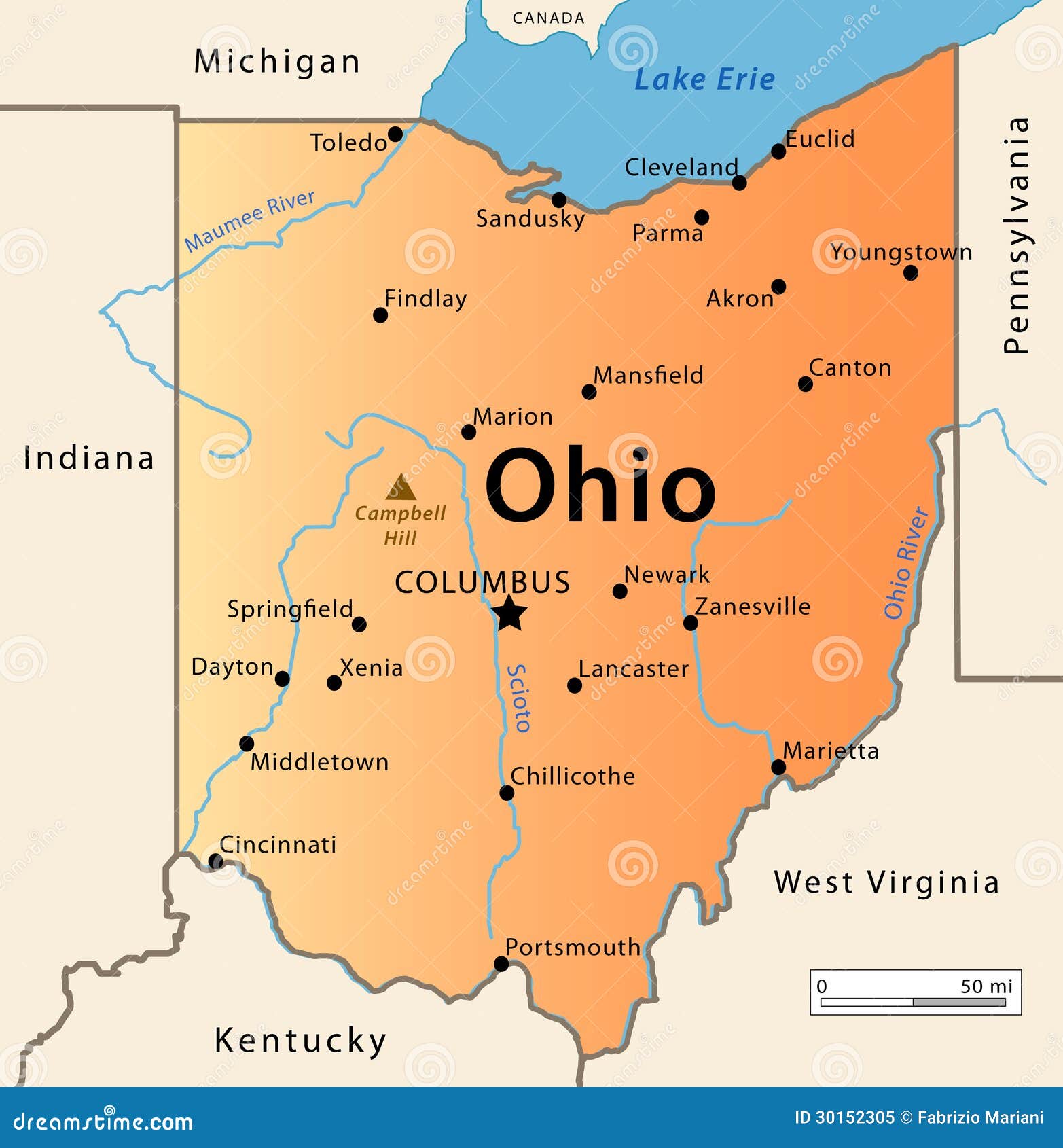 Χάρτης του Οχάιου. Απεικόνιση του χάρτη του μεγάλου κράτους του Οχάιου, ΗΠΑ. Χαρακτηρισμός των κύριων πόλεών του, των ποταμών, των λιμνών και της υψηλότερης αιχμής του κράτους.