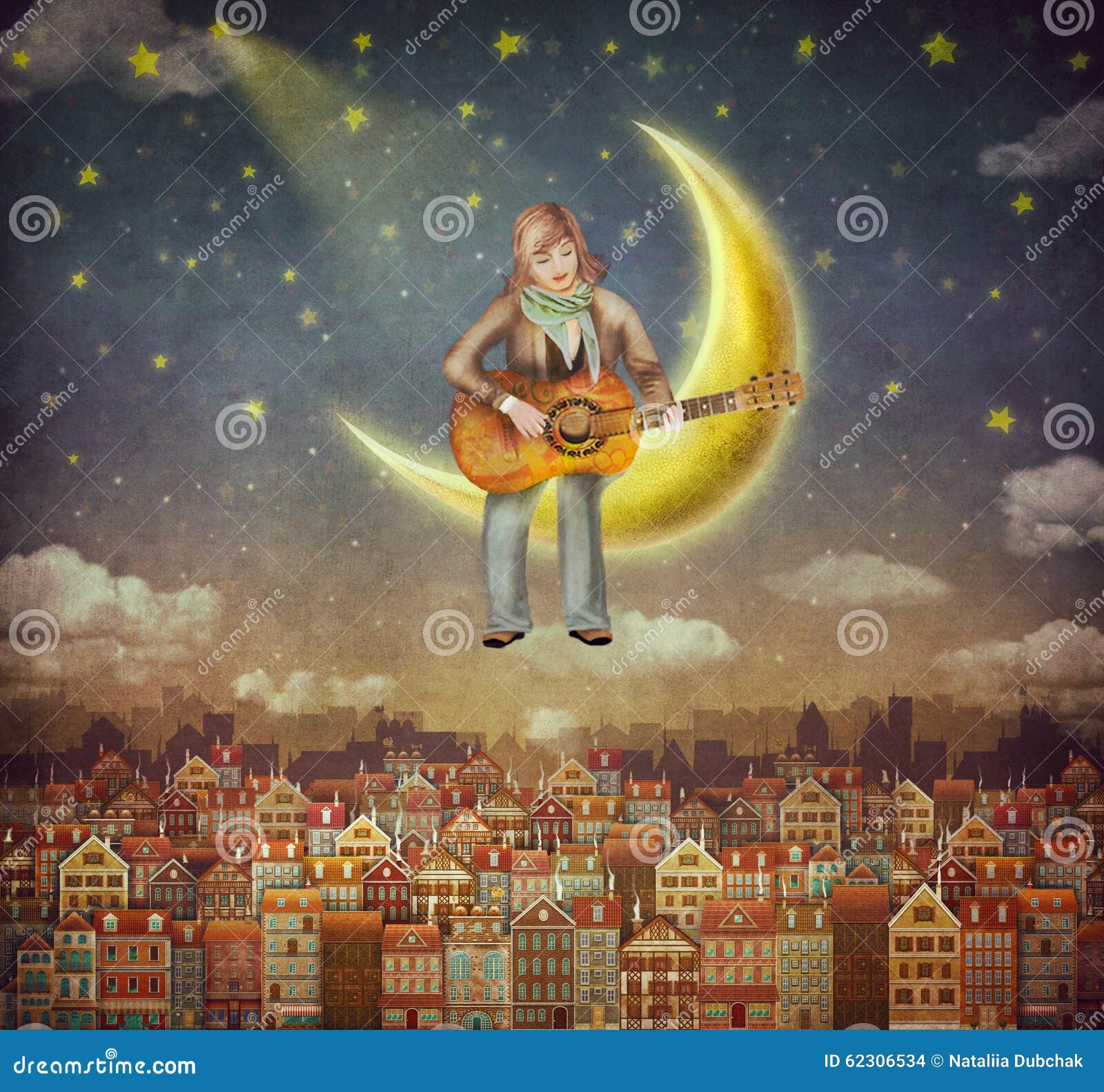 Απεικόνιση των χαριτωμένων σπιτιών με ένα άτομο που παίζει στην κιθάρα στο νυχτερινό ουρανό