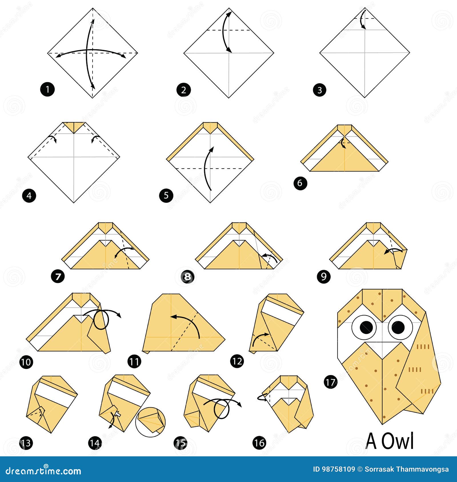 Βαθμιαία οδηγίες πώς να κάνει το origami μια κουκουβάγια. Ζωική παιχνιδιών τέχνη origami βημάτων εγγράφου κινούμενων σχεδίων χαριτωμένη