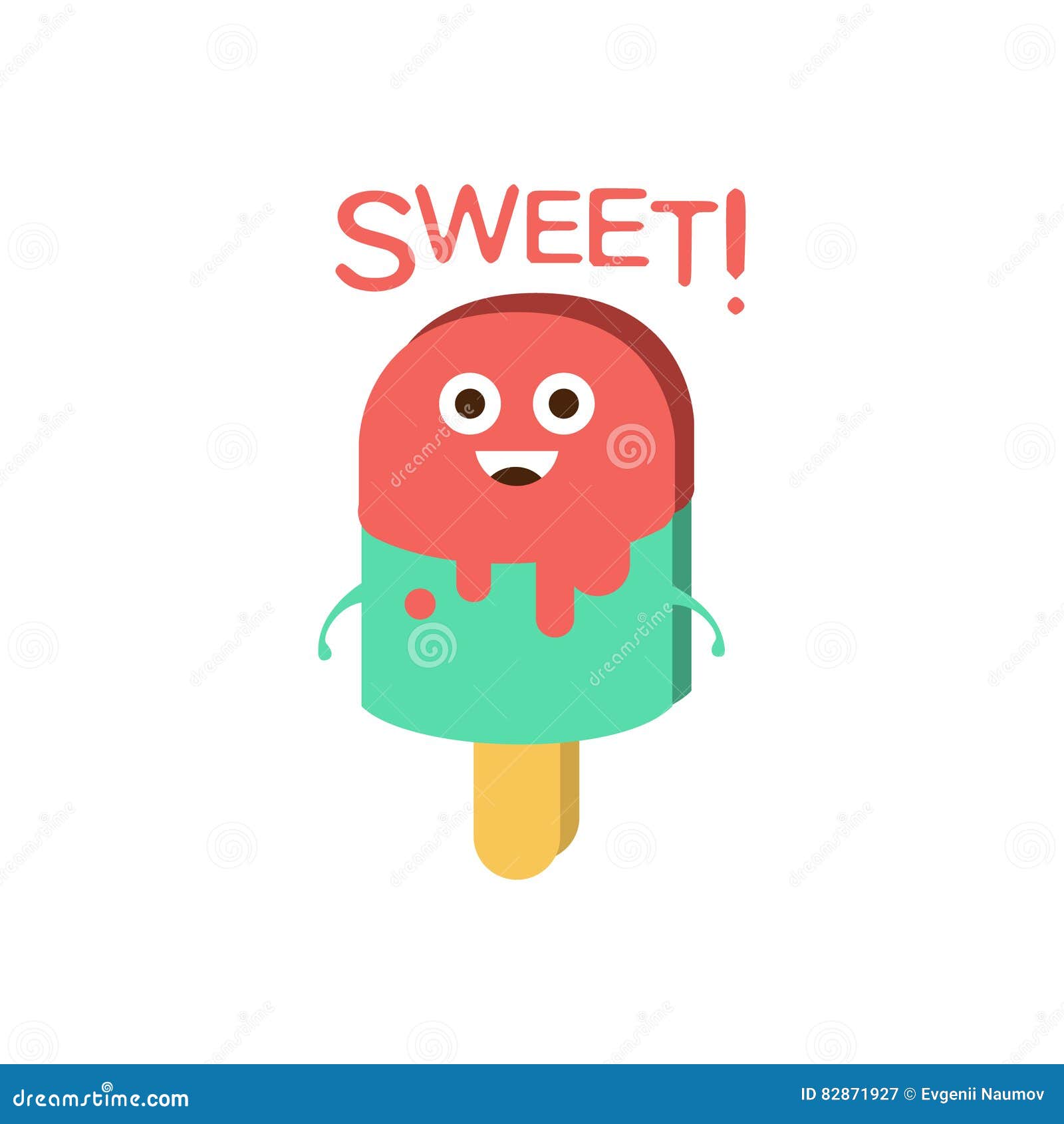 Γλυκό και παγωτό, Word και αντίστοιχη απεικόνιση, χαρακτήρας κινουμένων σχεδίων Emoji με τα μάτια που επεξηγούν το κείμενο Πρωτόγονο σύμβολο Emoticon για το επίπεδο διανυσματικό εικονίδιο μηνυμάτων