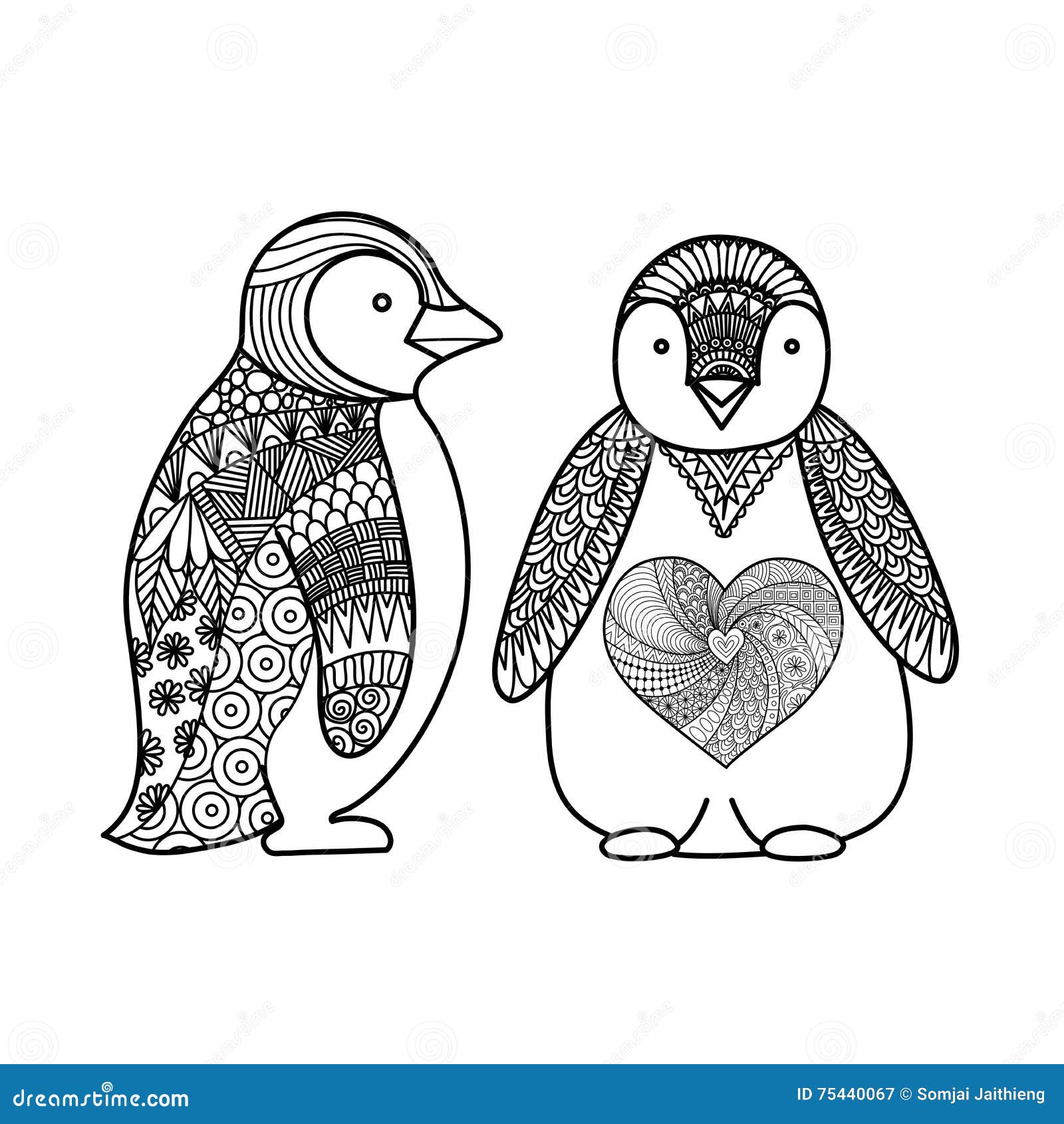 Δύο penguins doodle σχεδιάζουν για το χρωματισμό του βιβλίου για τον ενήλικο, το σχέδιο μπλουζών και άλλες διακοσμήσεις