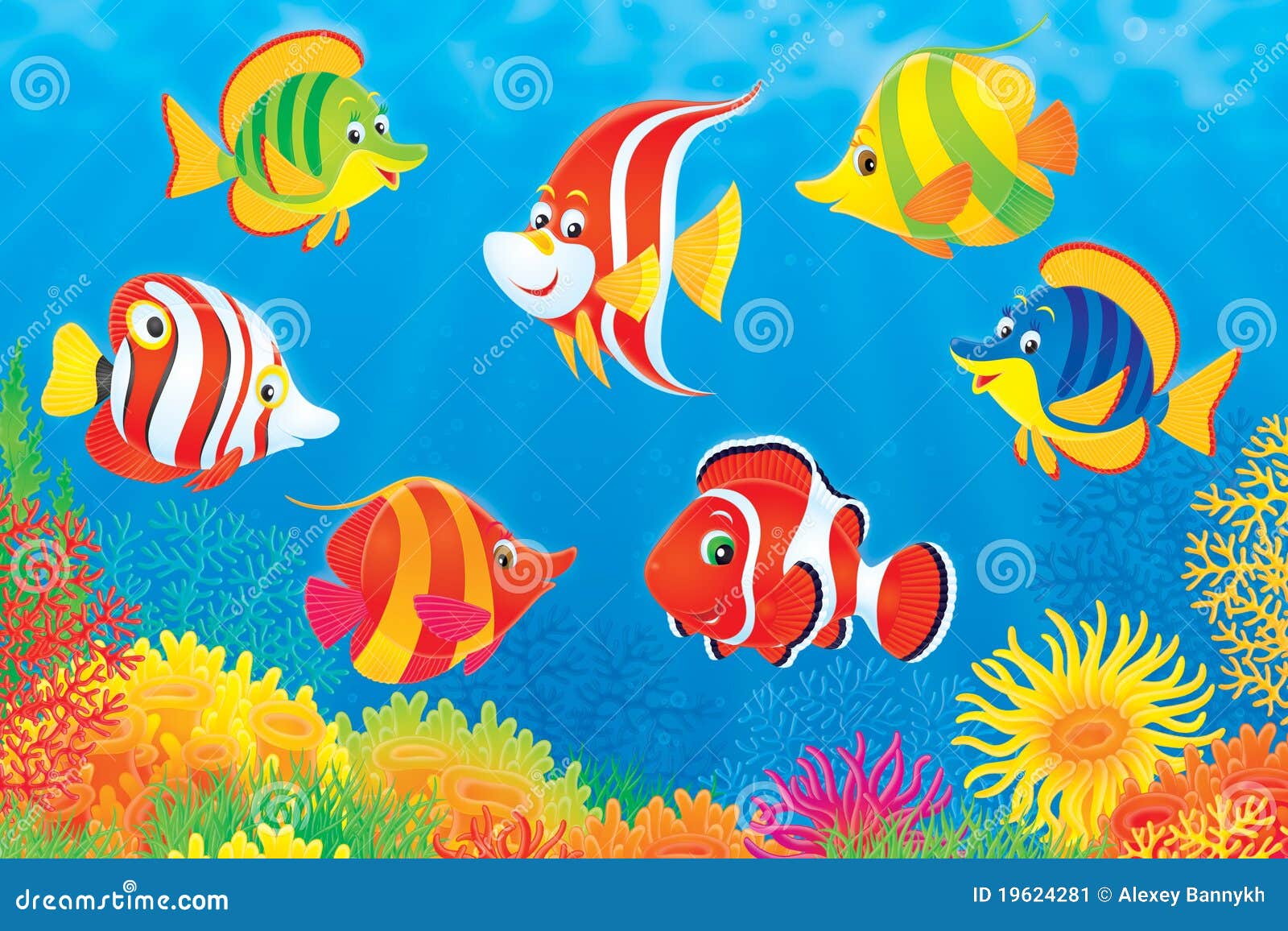 επάνω από το σκόπελο ψαριών &. επάνω από τη ζωηρόχρωμη θάλασσα σκηνής σκοπέλων απεικόνισης ψαριών κοραλλιών clipart που κολυμπά τροπικό υποβρύχιο