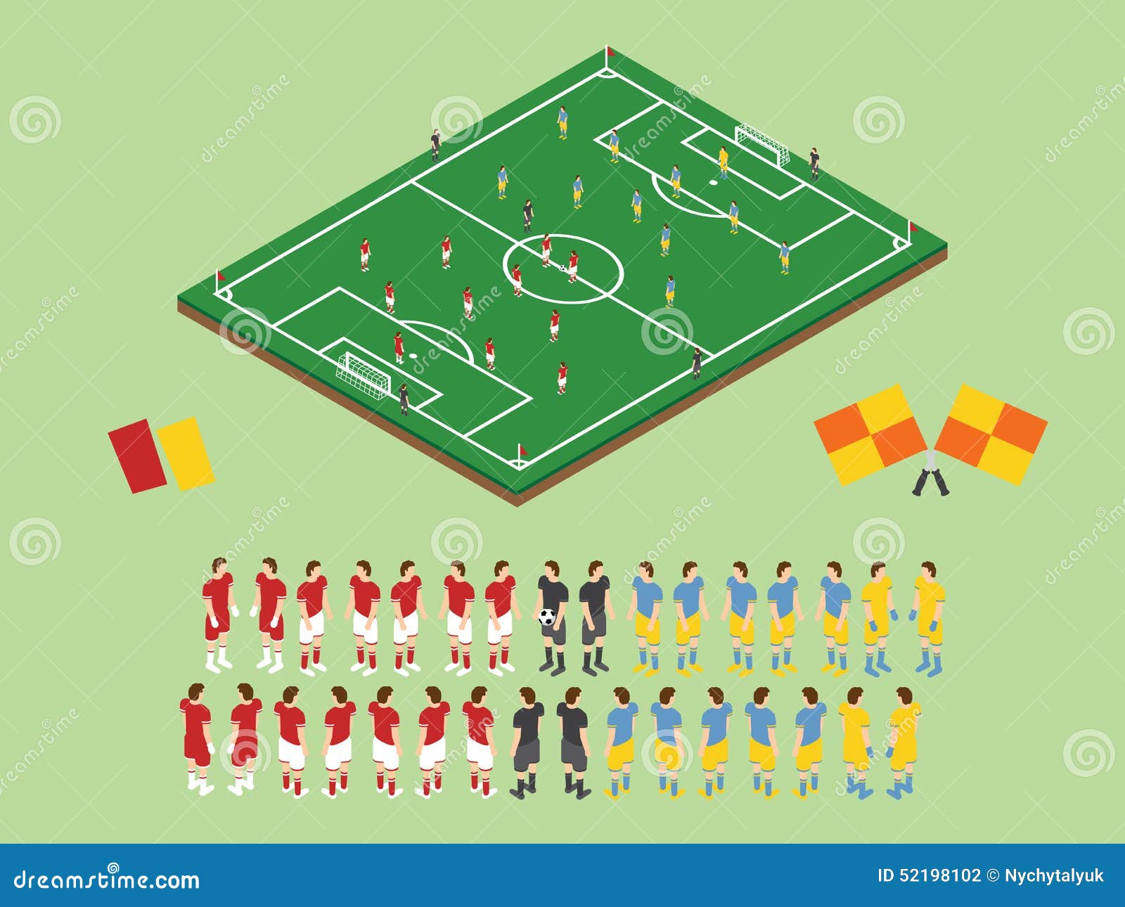 Επίπεδος πίνακας τακτικής ποδοσφαίρου ύφους επίσης corel σύρετε το διάνυσμα απεικόνισης Isometric τομέας και ποδοσφαιριστές άποψης