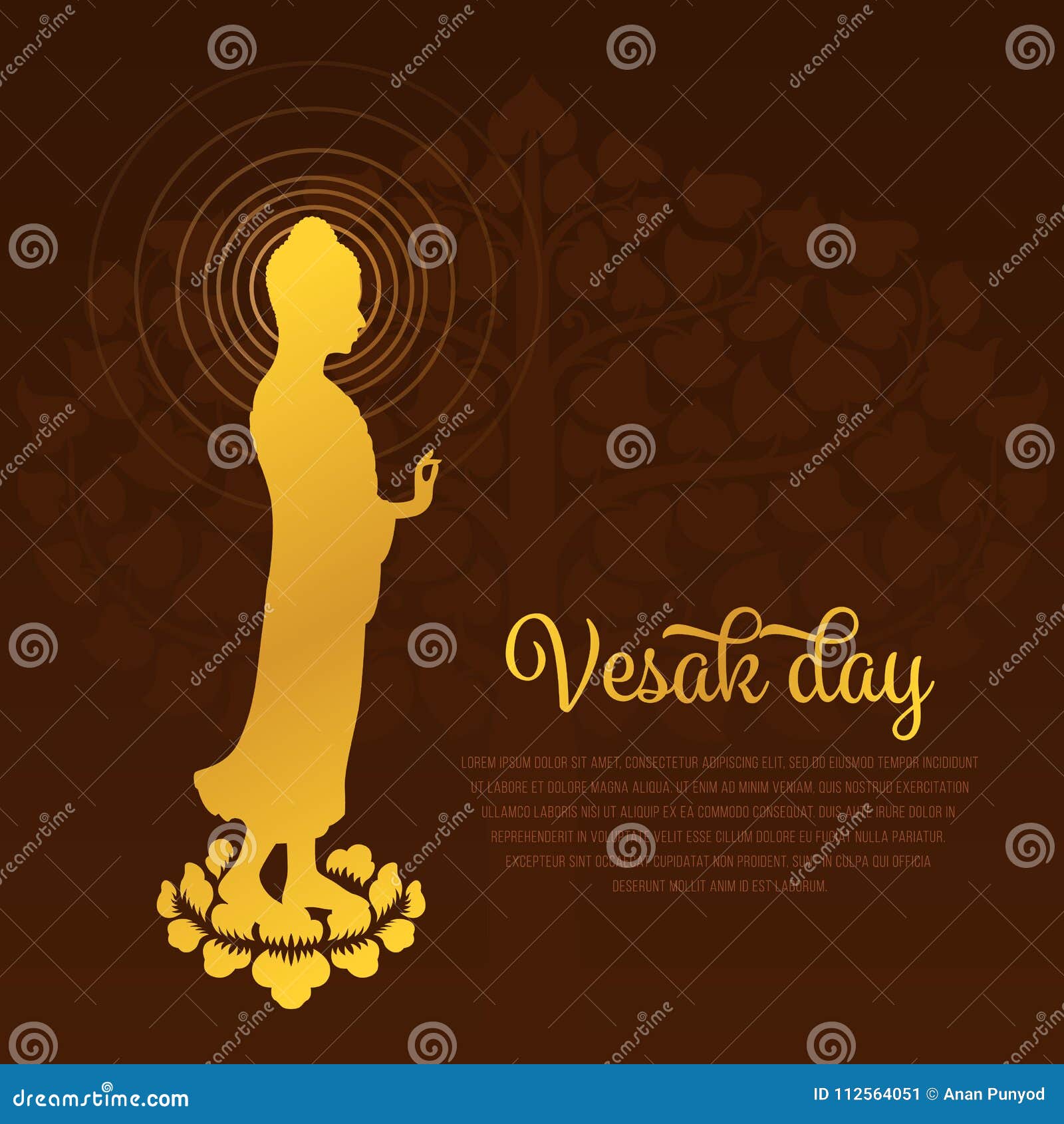 Ημέρα Vesak με το χρυσό άγαλμα του Βούδα που στέκεται στο λωτό και το διανυσματικό σχέδιο υποβάθρου δέντρων Bodhi