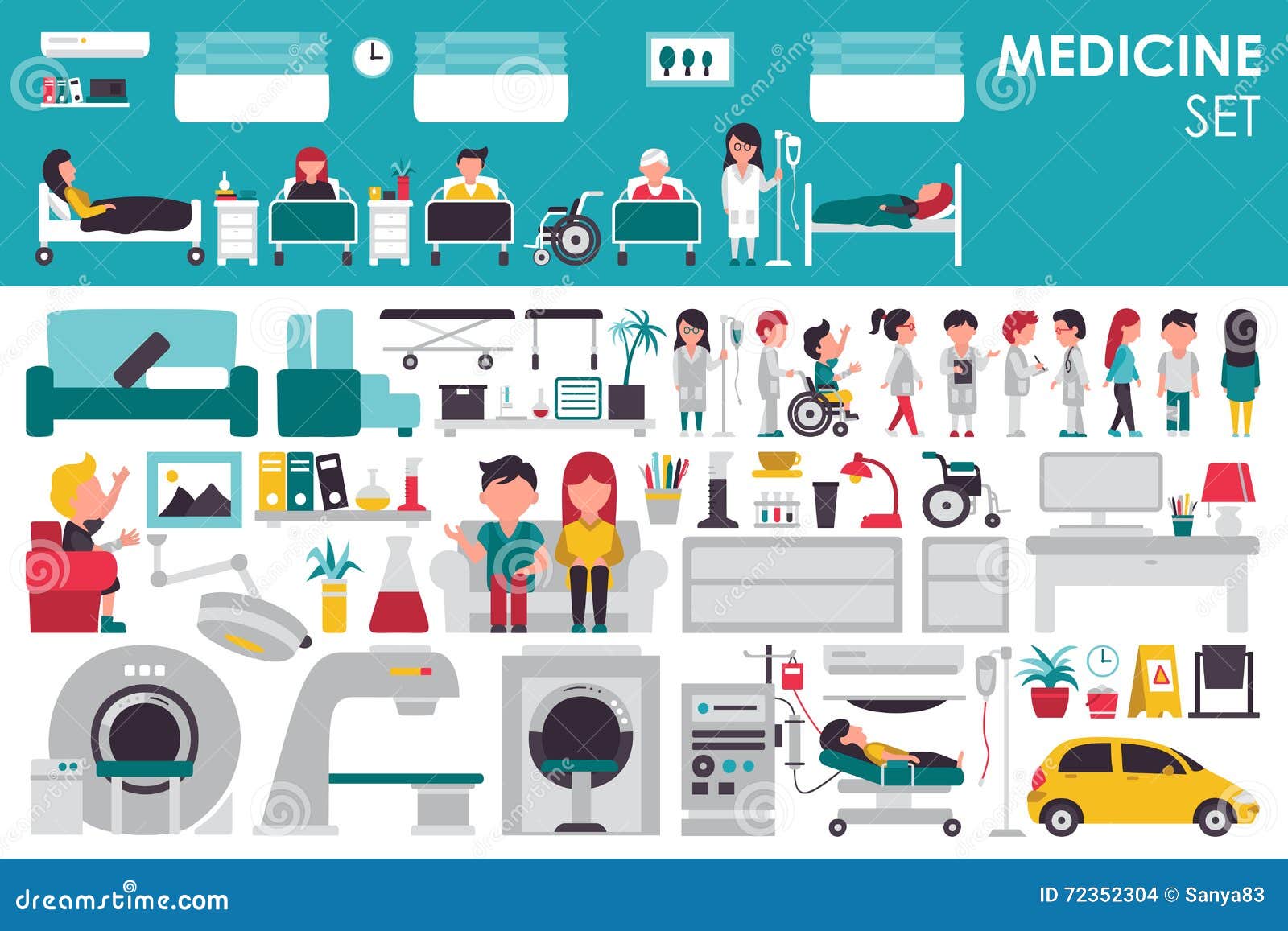 Ιατρική μεγάλη συλλογή στην επίπεδη έννοια υποβάθρου σχεδίου Στοιχεία Infographic που τίθενται με το γιατρό και τη νοσοκόμα προσω
