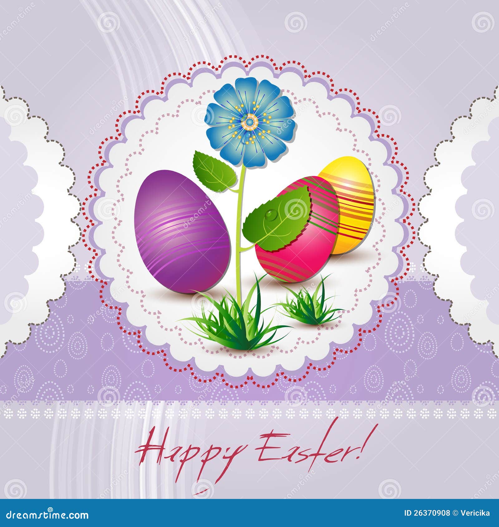 Κάρτα Πάσχας με τα χρωματισμένα αυγά και το μπλε λουλούδι. Κάρτα Πάσχας με τα χρωματισμένα αυγά, το μπλε λουλούδι και την ιώδη ανασκόπηση
