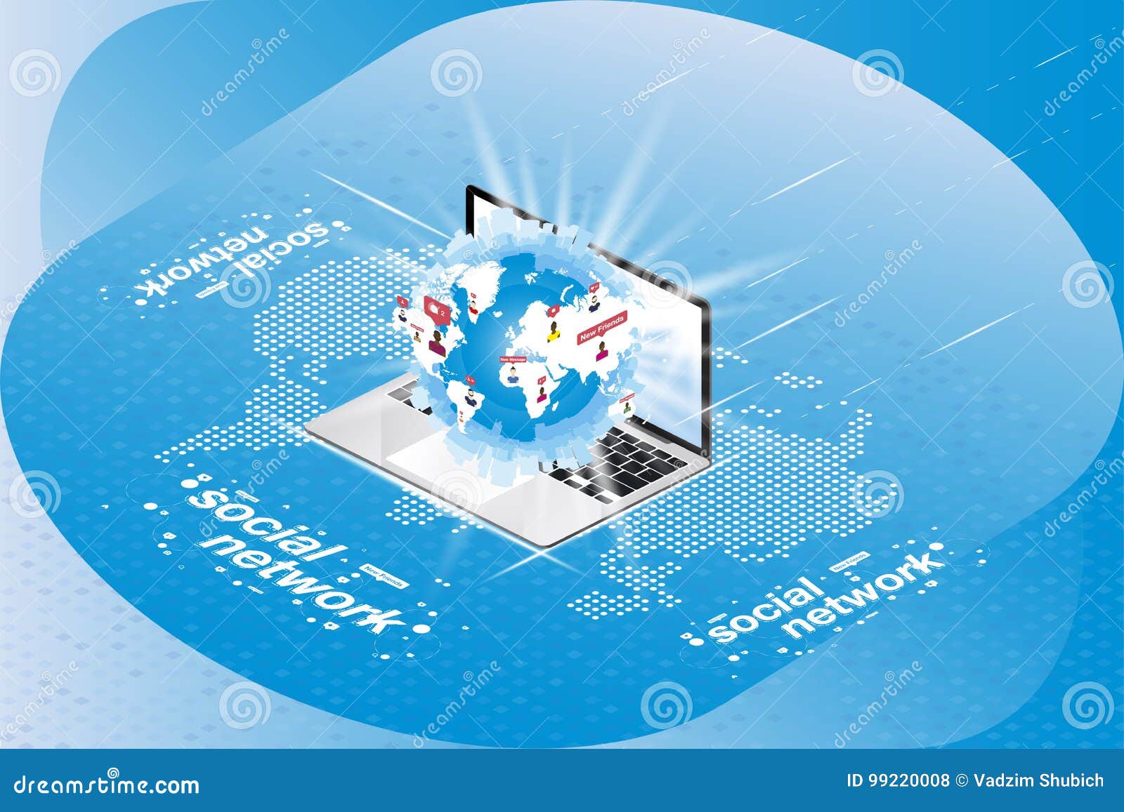 Κοινωνική τρισδιάστατη isometric έννοια δικτύων Σφαίρα με τα εικονίδια των ανακοινώσεων σε ένα lap-top σε ένα υπόβαθρο ενός ψηφιακού παγκόσμιου χάρτη διάνυσμα ασπίδων απεικόνισης 10 eps