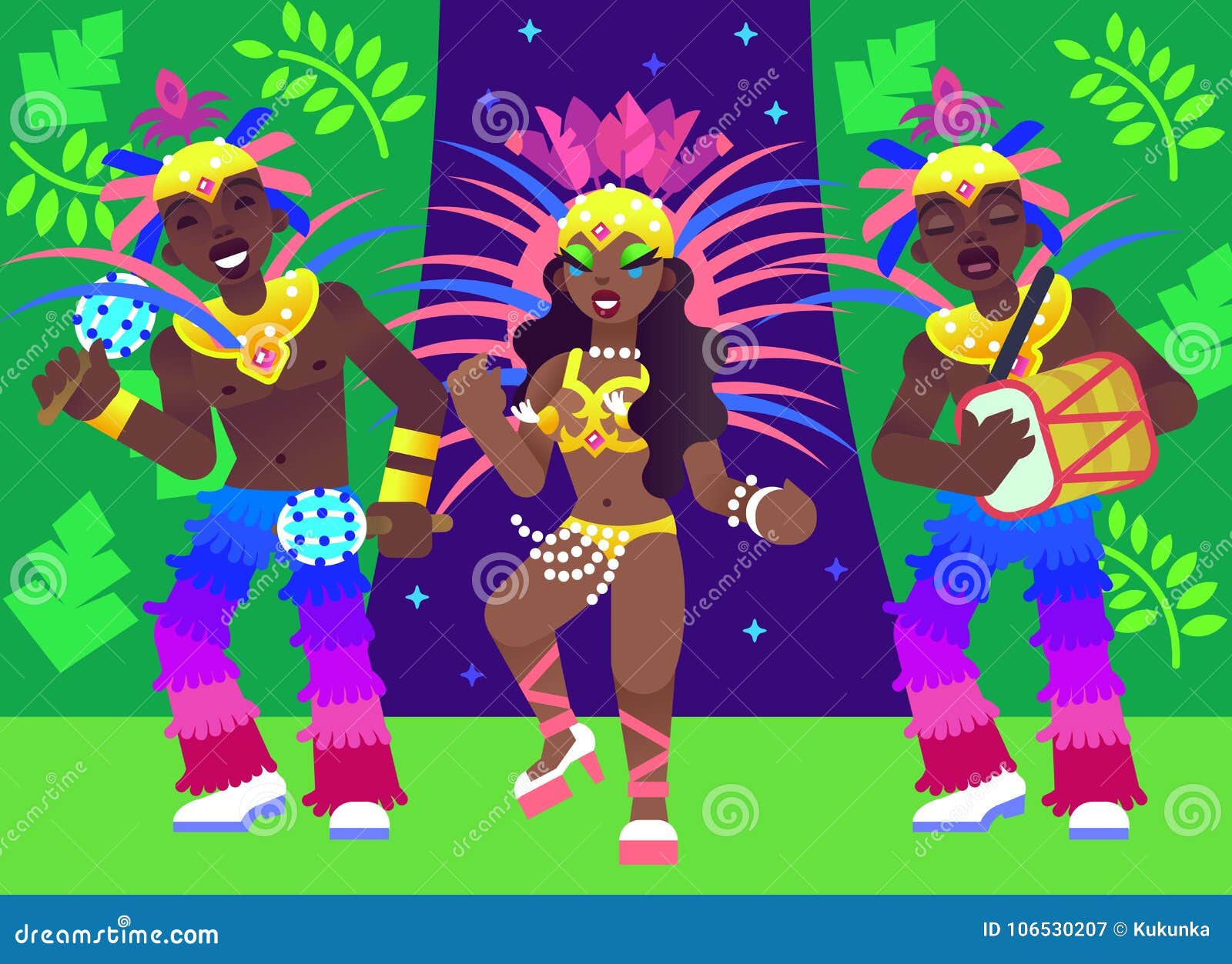 Κορίτσι και τυμπανιστές χορευτών Samba. Η μουσική παιχνιδιού τριών Βραζιλιάνων και χορεύει ένα Samba σε καρναβάλι Ð ¡ ostumes