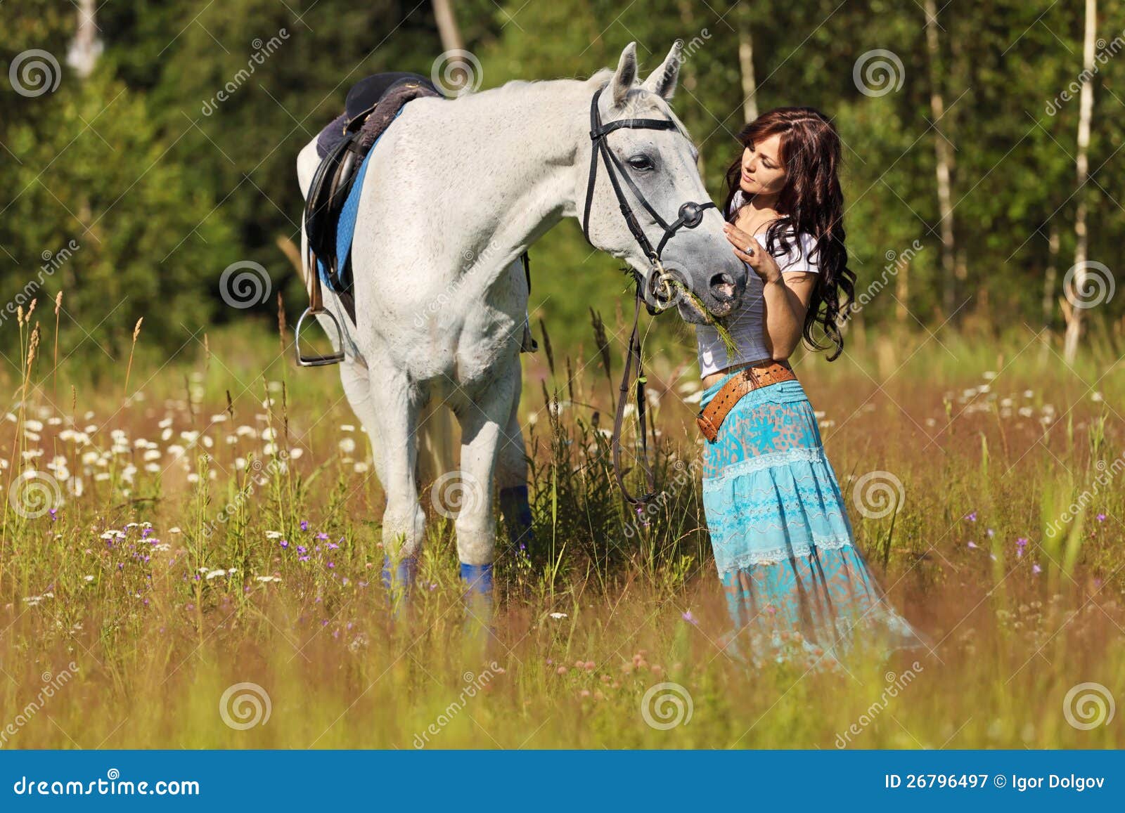 Κορίτσι με το άλογο. Όμορφες στάσεις κοριτσιών στο άσπρο άλογο σε ένα θερινό λιβάδι