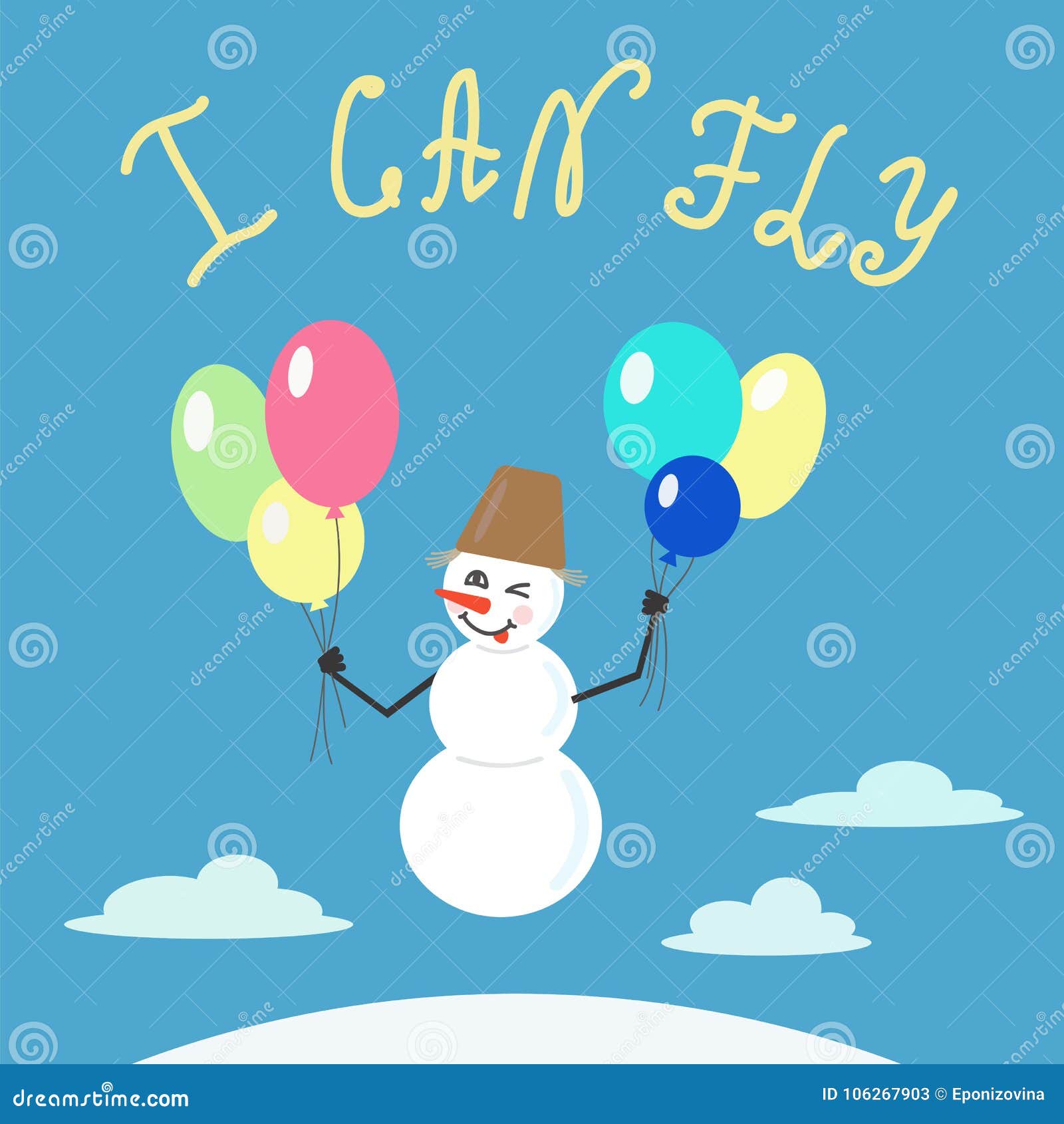 Μπορώ να πετάξω την κινητήρια εγγραφή αποσπάσματος Χιονάνθρωπος που πετά στα ζωηρόχρωμα μπαλόνια Γραφικό στοιχείο τυπογραφίας σχεδίου καλλιγραφίας για την τυπωμένη ύλη Τυπωμένη ύλη για την αφίσα, μπλούζα, τσάντες, κάρτα, αυτοκόλλητη ετικέττα Χαριτωμένο διάνυσμα