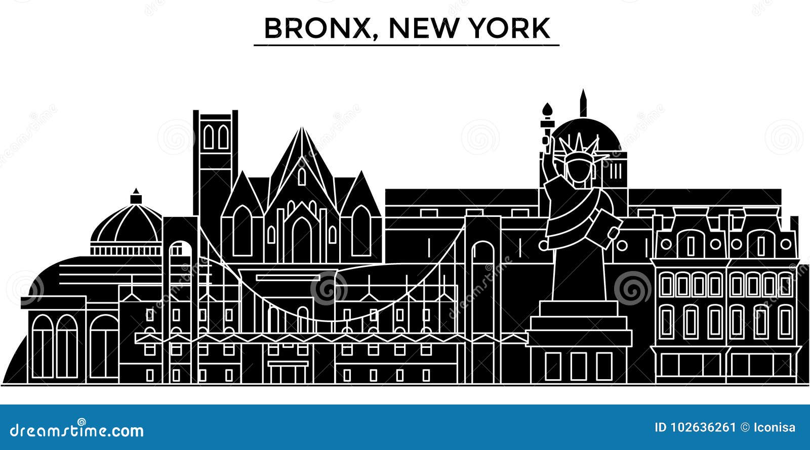 Οι ΗΠΑ, Bronx, διανυσματικός ορίζοντας πόλεων αρχιτεκτονικής της Νέας Υόρκης, εικονική παράσταση πόλης ταξιδιού με τα ορόσημα, κτ. Οι ΗΠΑ, Bronx, διανυσματικός ορίζοντας πόλεων αρχιτεκτονικής της Νέας Υόρκης, μαύρη εικονική παράσταση πόλης με τα ορόσημα, απομόνωσαν τις θέες στο υπόβαθρο