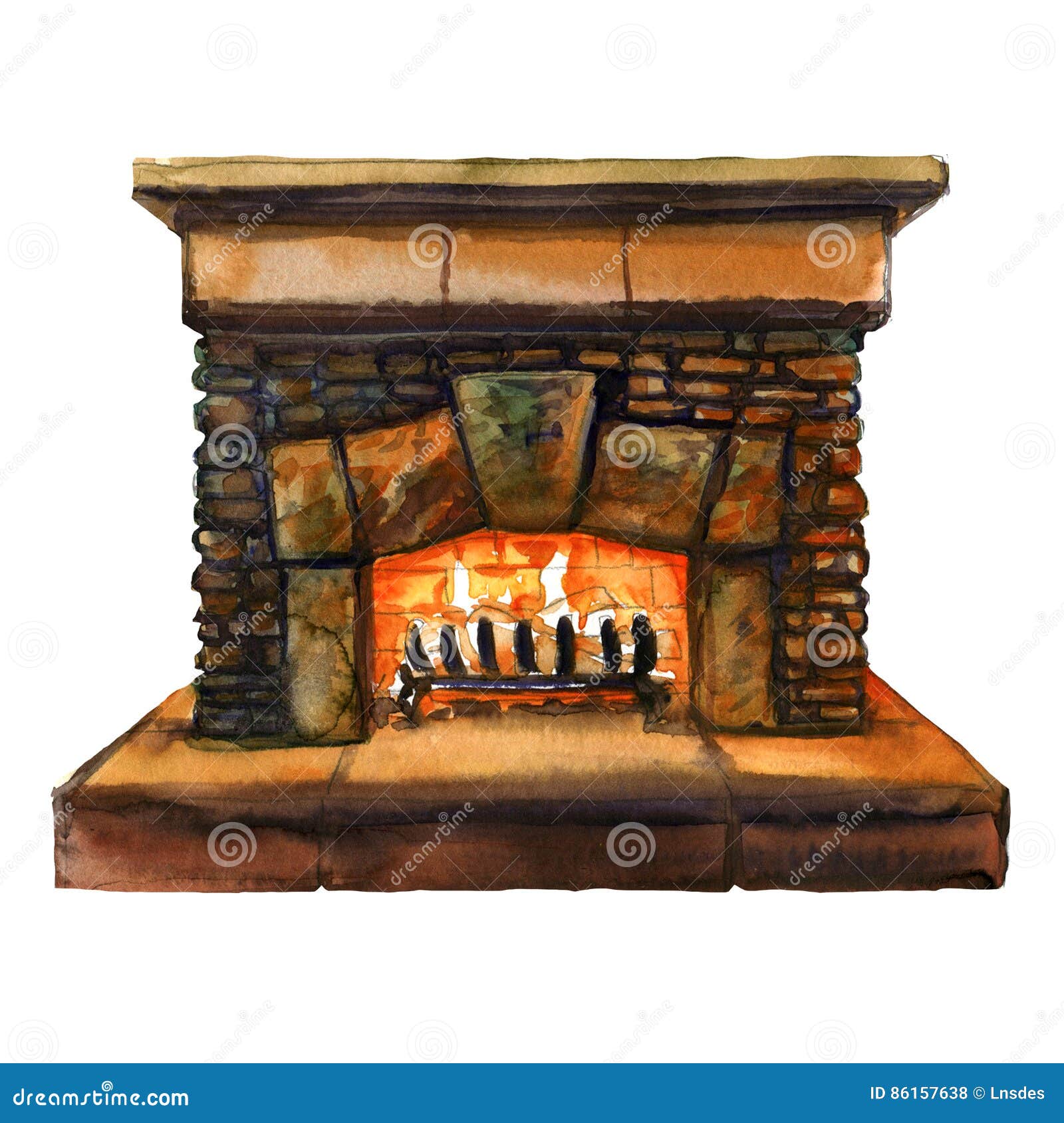 Πέτρινη εστία εγχώριων οικογενειών τούβλων με τη φλόγα, δάπεδο τζακιού με το κάψιμο της πυρκαγιάς, απεικόνιση watercolor. Σύμβολο του εγχώριου coziness, εστία εγχώριων οικογενειών τούβλων πετρών με τη φλόγα, δάπεδο τζακιού με το κάψιμο της πυρκαγιάς, απεικόνιση watercolor στο άσπρο υπόβαθρο