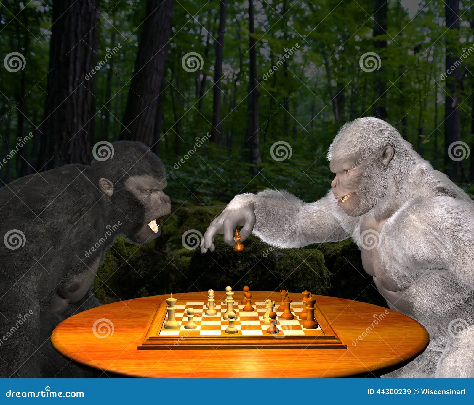 Πίθηκος, σκάκι παιχνιδιού γορίλλων, απεικόνιση ανταγωνισμού. Μια διασκέδαση και μια αστεία εικόνα δύο γορίλλων που παίζουν το σκάκι στη ζούγκλα Υπάρχει ένας γραπτός γορίλλας δεδομένου ότι παίζουν το παιχνίδι στρατηγικής τους Ποιος πίθηκος στην απεικόνιση πρόκειται να κερδίσει;