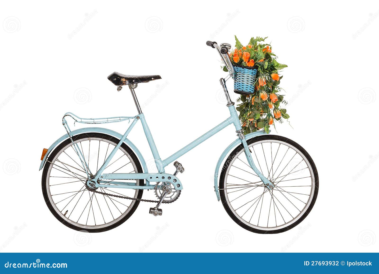 Παλαιό αναδρομικό ποδήλατο με τα λουλούδια. Παλαιό αναδρομικό μπλε ποδήλατο με την ανθοδέσμη λουλουδιών στο καλάθι που απομονώνεται στην άσπρη ανασκόπηση