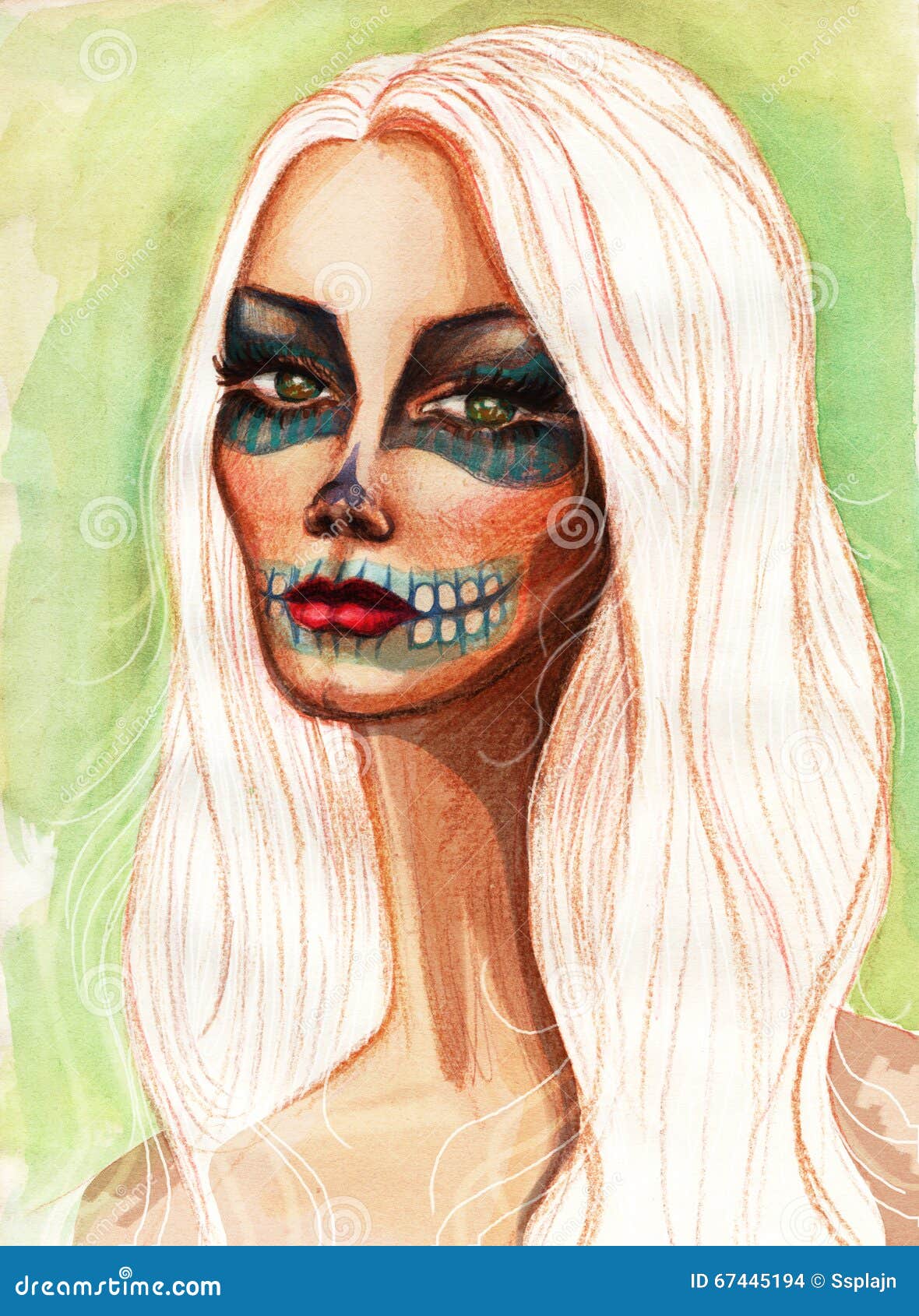 Πορτρέτο ενός κοριτσιού με το πρόσωπό της που χρωματίζεται Εμπνευσμένος μέχρι την ημέρα των νεκρών διακοπών Συρμένη χέρι απεικόνιση που χρωματίζεται ψηφιακά