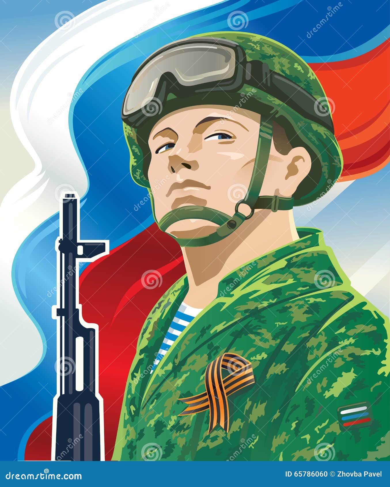 Ρωσικός στρατιώτης στο υπόβαθρο της ρωσικού σημαίας και του καλάζνικοφ και της κορδέλλας George