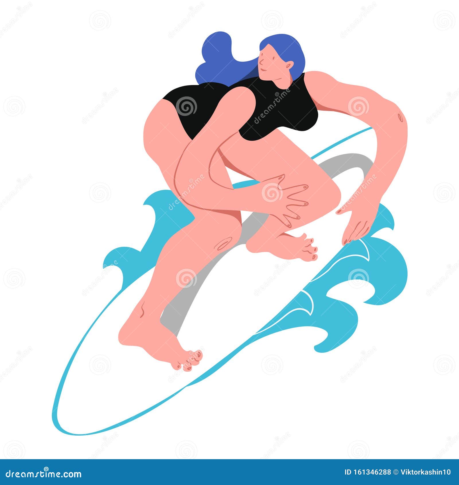 Σέρφερ Απεικόνιση διανύσματος Δημοφιλές επίπεδο υπερβολικό στυλ απομονωμένα άτομα αντικειμένων Γυναίκα με μπλε μαλλιά στο σανίδα